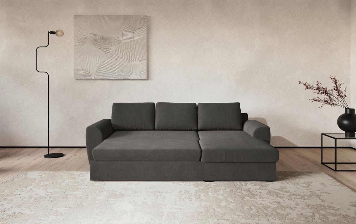 Ecksofa mit Bettfunktion Cord anthrazit, B: 253cm - Anthrazit/Schwarz, Trend, Textil (253/154cm) - MID.YOU