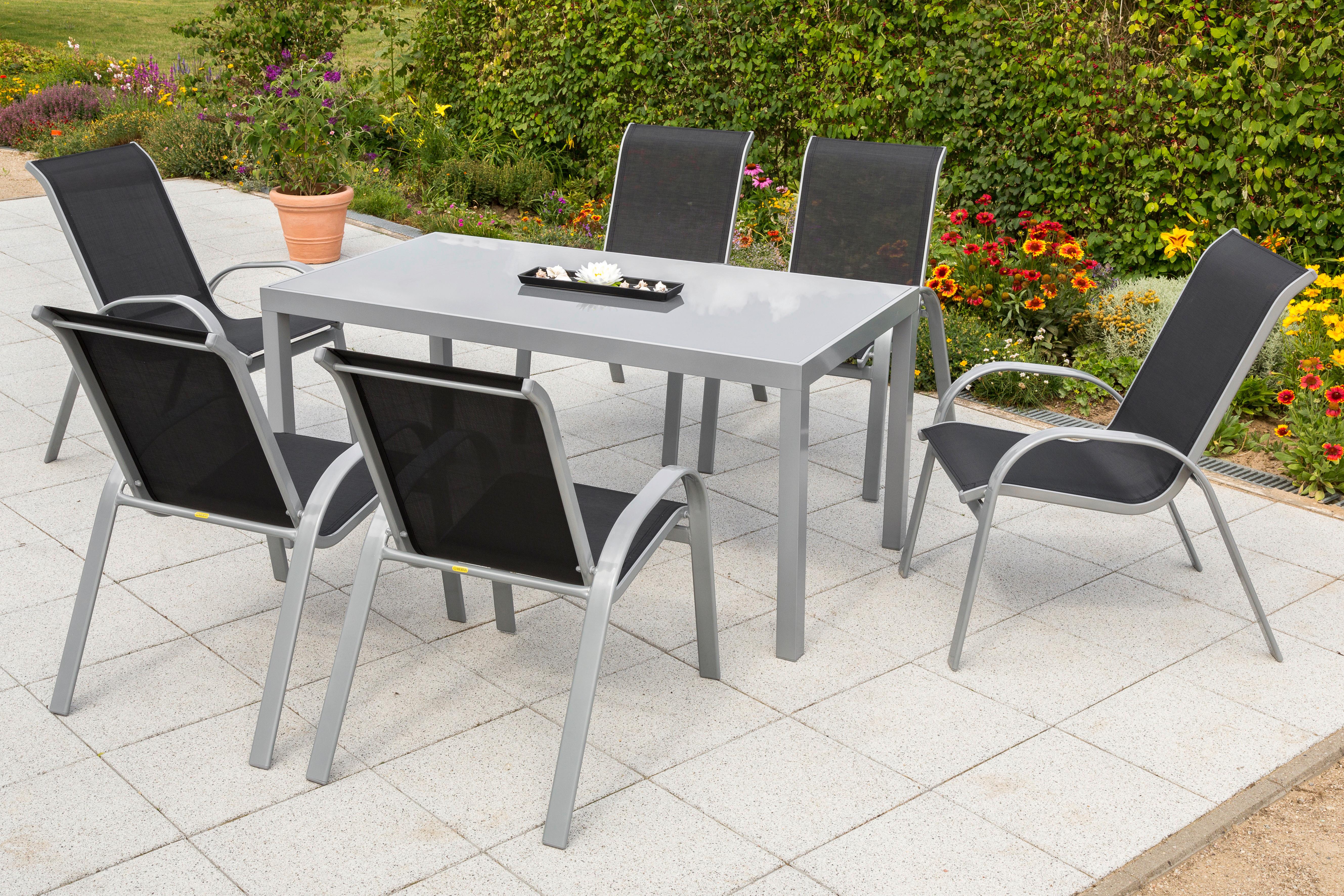 Gartenmöbel Set 7-Tlg. Amalfi aus Metall/Textil - Silberfarben/Schwarz, MODERN, Textil/Metall - Gardenson