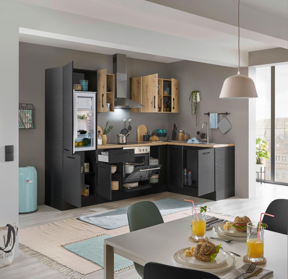 Eckküche Turin Schwarz/Eiche Dekor 270x165 cm - Schwarz/Eiche Artisan, Basics, Holzwerkstoff (270/165cm) - MID.YOU