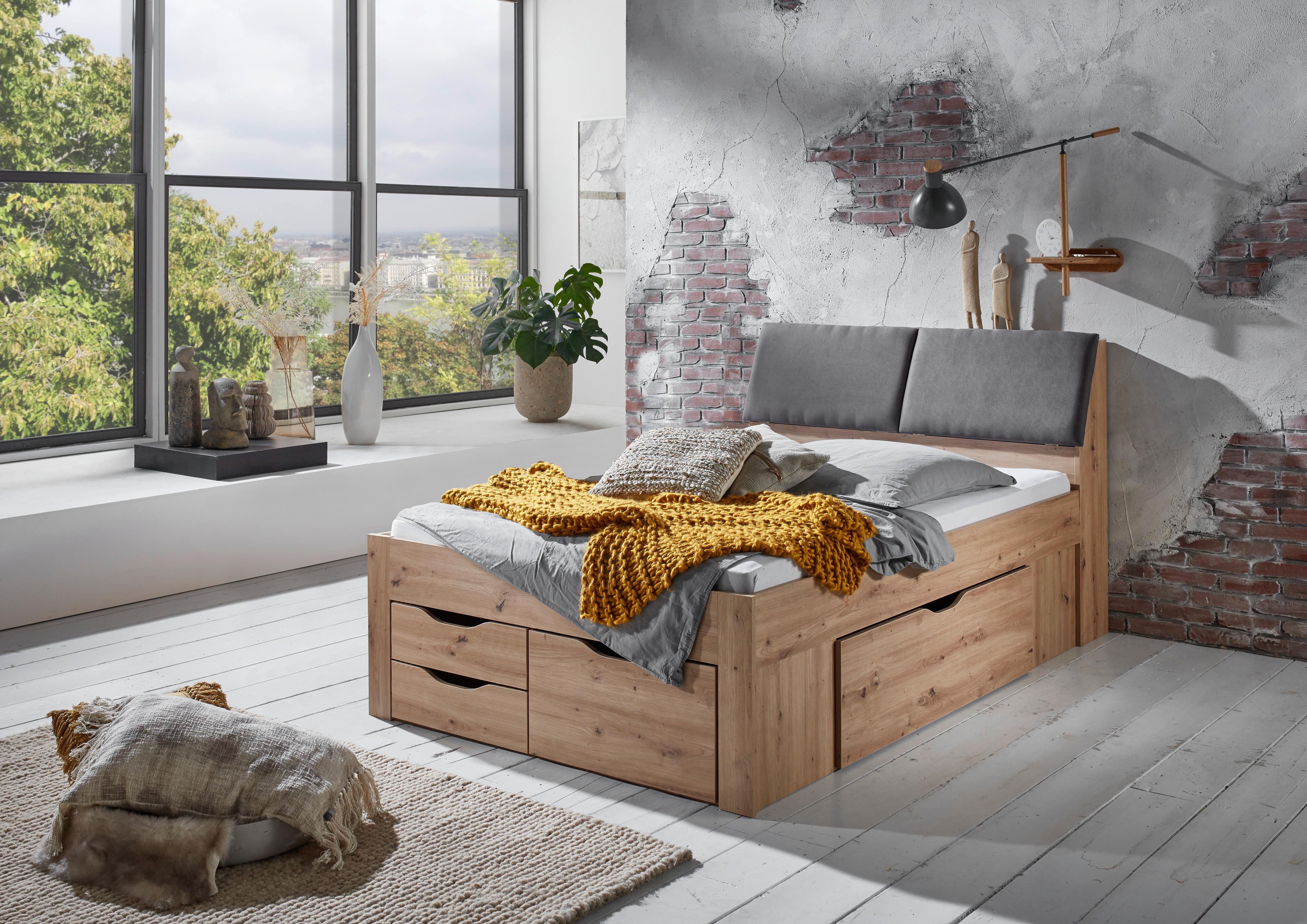 Stauraumbett Maxi - Eiche Artisan/Grau, KONVENTIONELL, Holzwerkstoff (237,5/145,6/103,8cm)