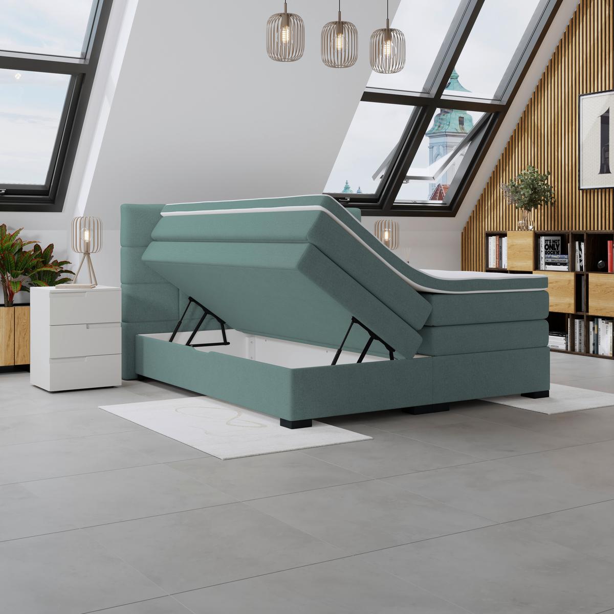 Boxspringbett mit Topper 160x200 April - Jadegrün/Schwarz, MODERN, Textil (160/200cm)