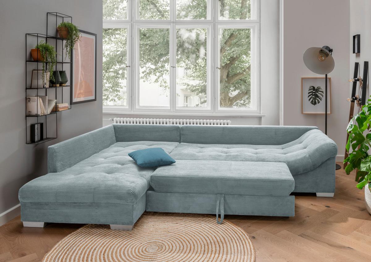 Rohová sedačka ALVITO, levá, světle modrý manšestr - petrolej/barvy stříbra, Design, dřevo/textil (202/298cm) - MID.YOU