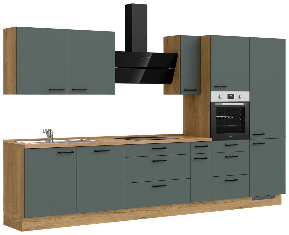 Kuchyňská linka 360 cm, minerální zelená,ultra matná - barvy dubu/černá, Moderní, kov/kompozitní dřevo (360cm) - Nobilia