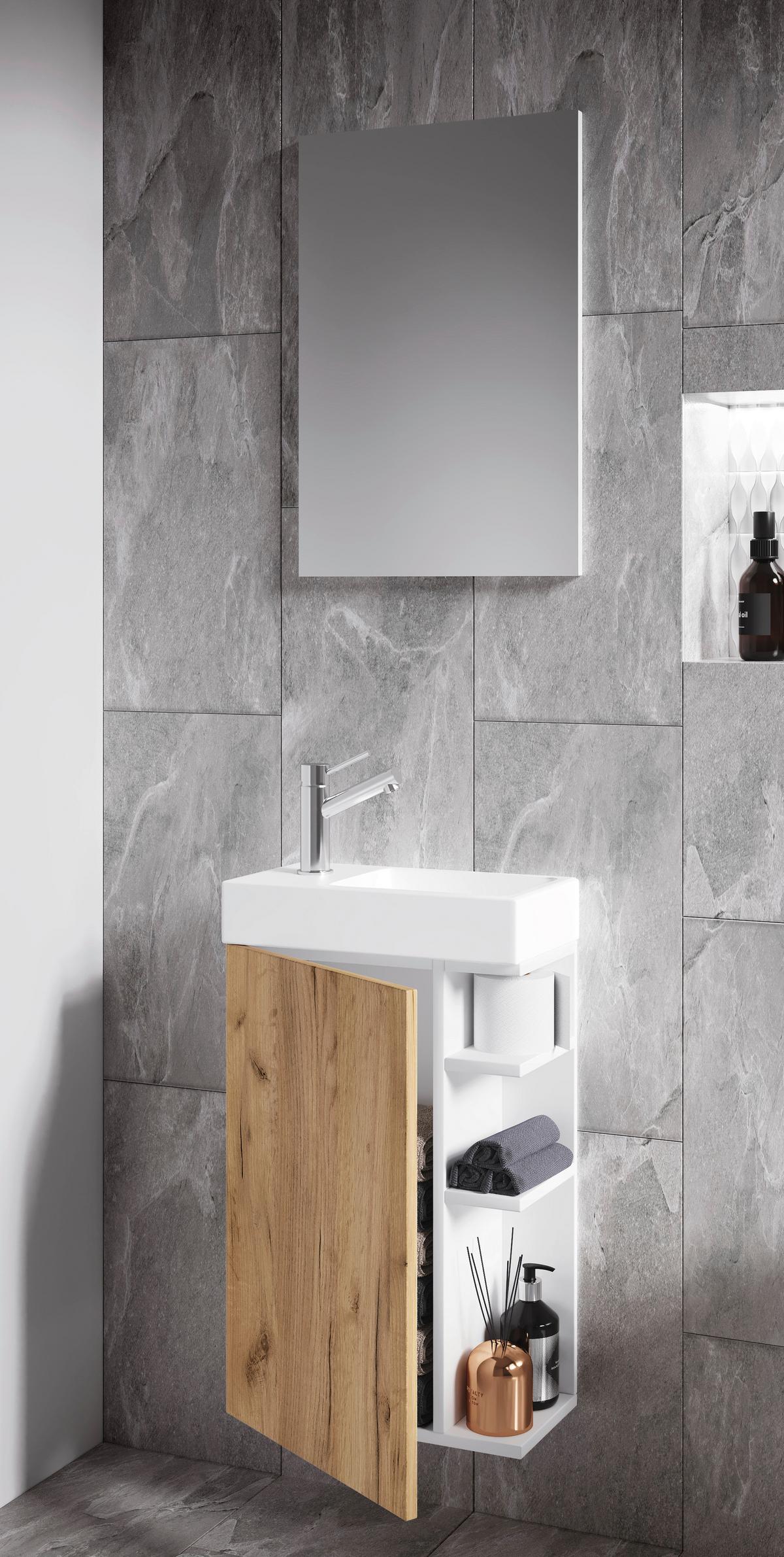 Gästebad Lumia - Honigeiche/Weiß, MODERN, Glas/Keramik (40cm) - MID.YOU