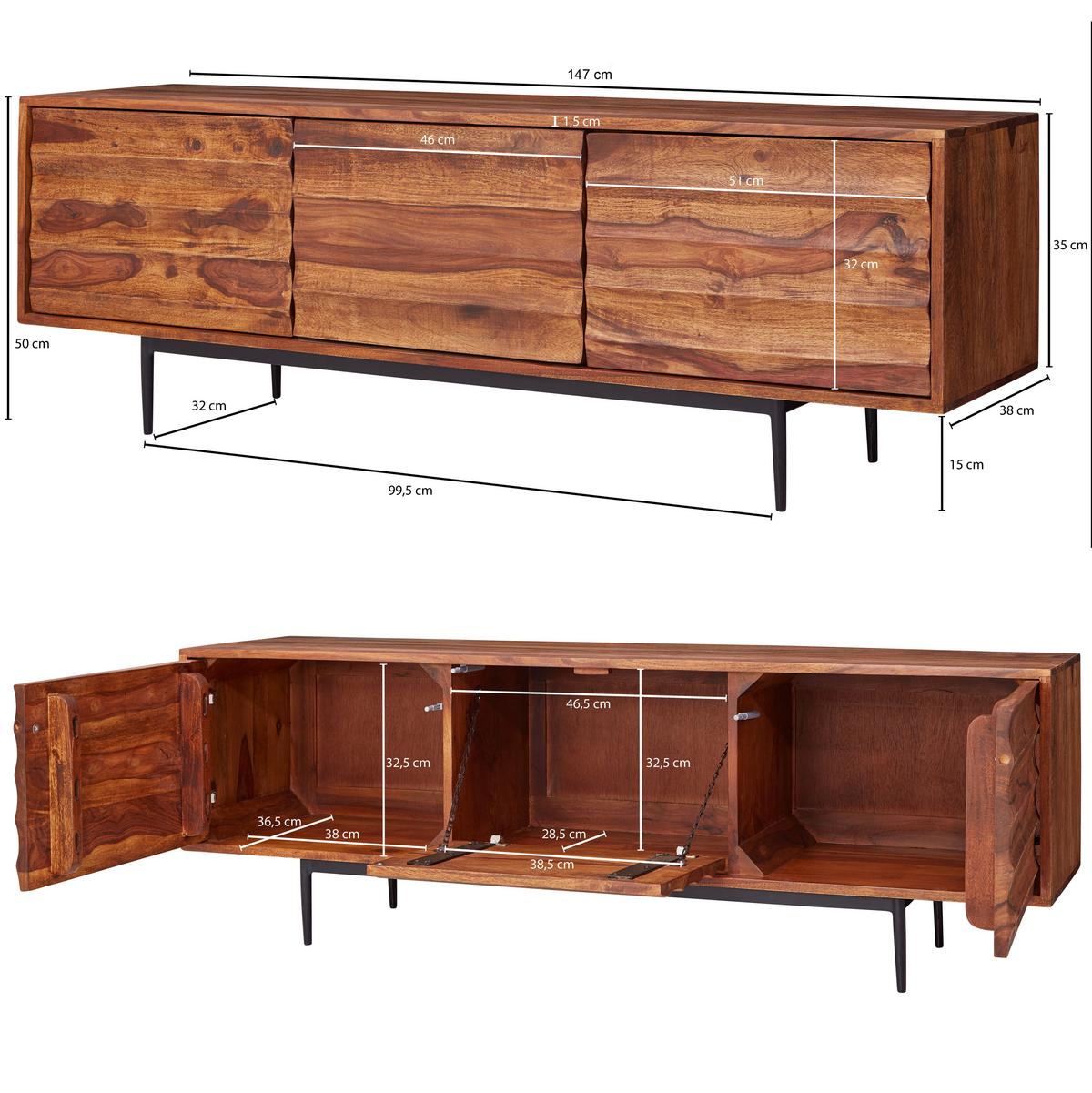 Sideboard Sheesham Sheeshamfarben B: 147 Cm - Sheeshamfarben/Schwarz, Design, Holz (147/50/38cm) - MID.YOU