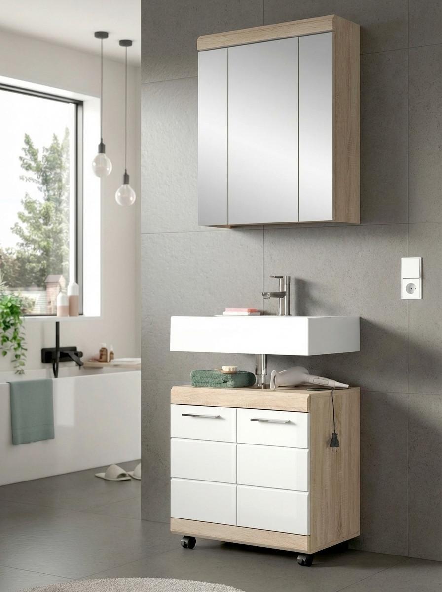 BADEZIMMER Eiche Dekor/Weiß B: 60cm - Weiß Hochglanz/Schwarz, Trend, Glas/Holzwerkstoff (60cm) - MID.YOU