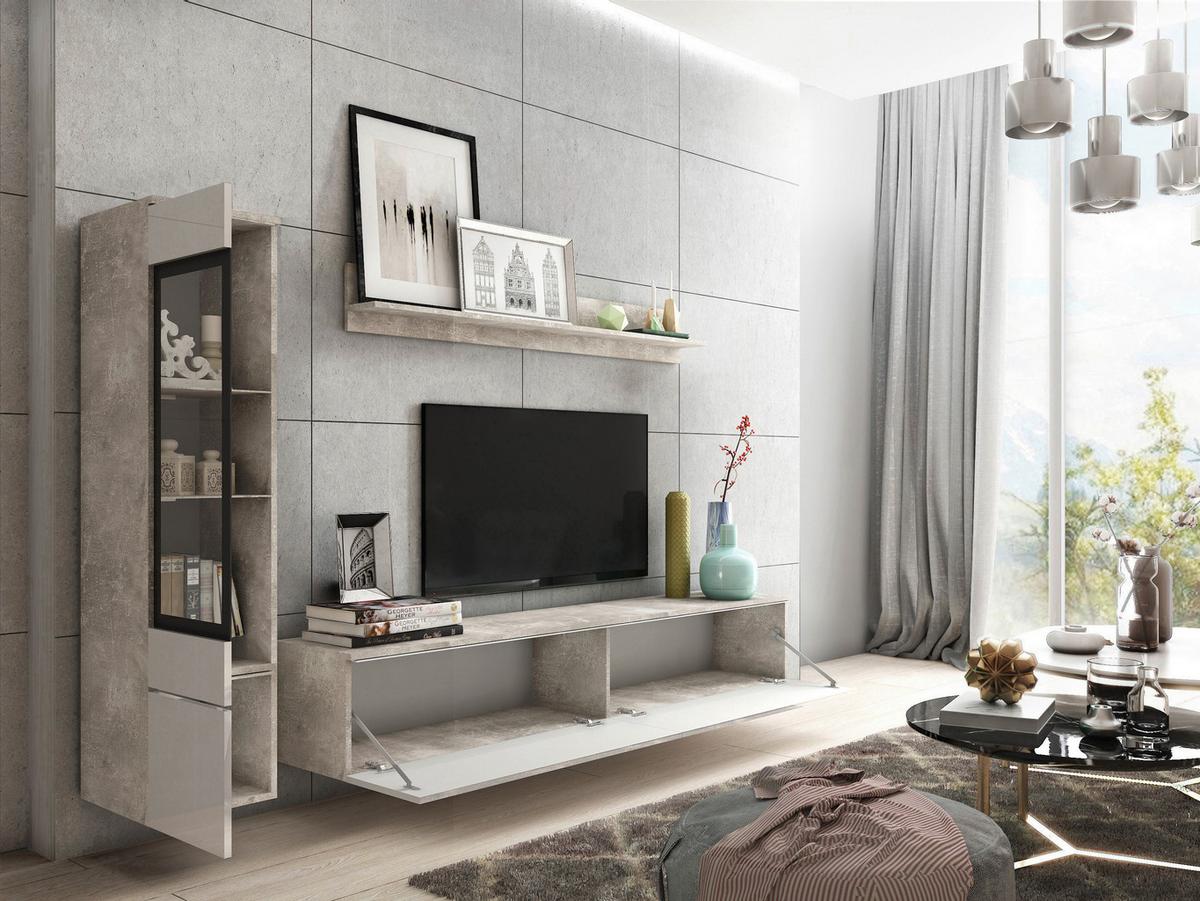 Obývaccí stěna VERA beton/bílá VL - šedá/vysoce lesklá bílá, Lifestyle, kompozitní dřevo/plast (210/130/33cm) - P & B