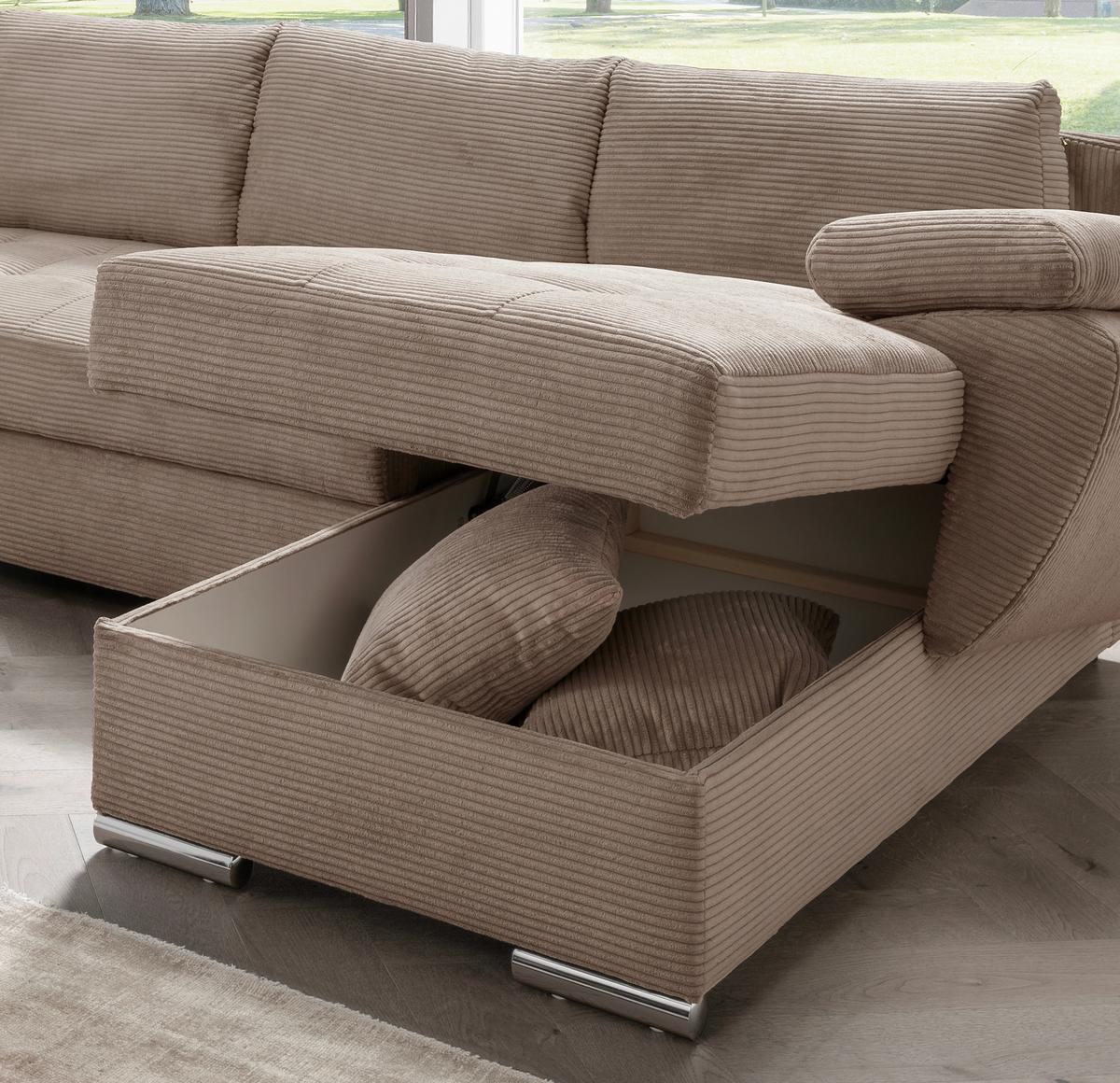 Wohnlandschaft Terana mit Schlaffunktion, Graubraun - Chromfarben/Graubraun, KONVENTIONELL, Textil (219/305/157cm) - Livetastic