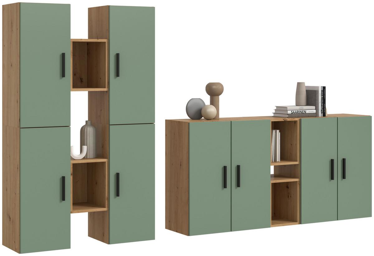 Wohnwand, The ONE 5, B: 270 cm Olivgrün/Artisan Eiche Dekor - Schwarz/Weiß, Trend, Holzwerkstoff (270/182/34cm)