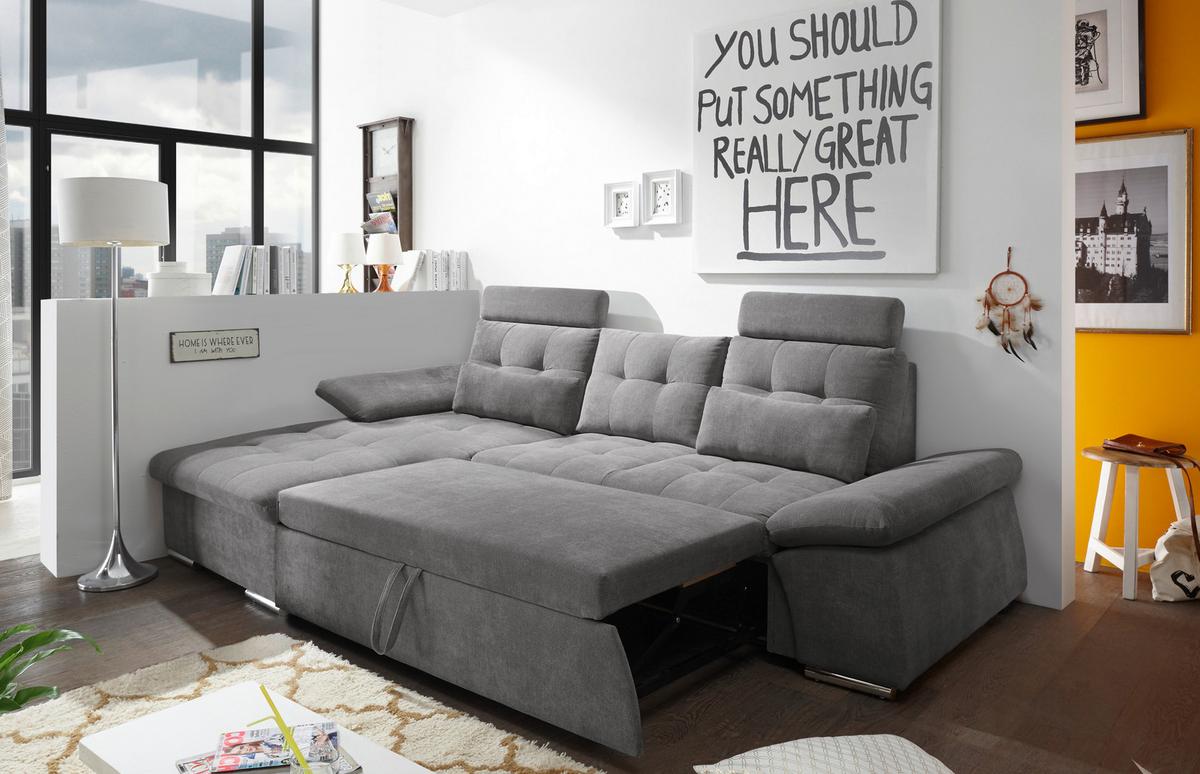 Ecksofa mit Schlaffunktion Nalo Longchair, Webstoff - Silberfarben/Grau, KONVENTIONELL, Holzwerkstoff/Textil (170/268cm) - MID.YOU