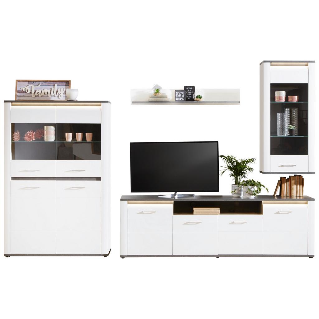 Wohnkombination modern 5--Teilig. mit LED Alassio 5, Weiß/Matera
