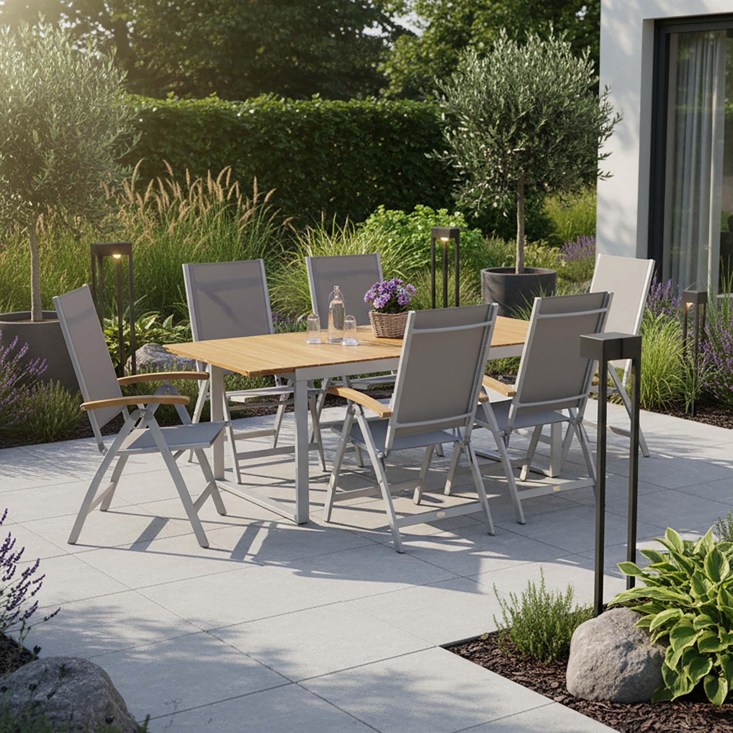 Gartengarnitur 7--Teilig. Naxos Akazie/aluminium - Silberfarben/Grau, ROMANTIK / LANDHAUS, Holz/Textil (150/90/74cm) - Gardenson