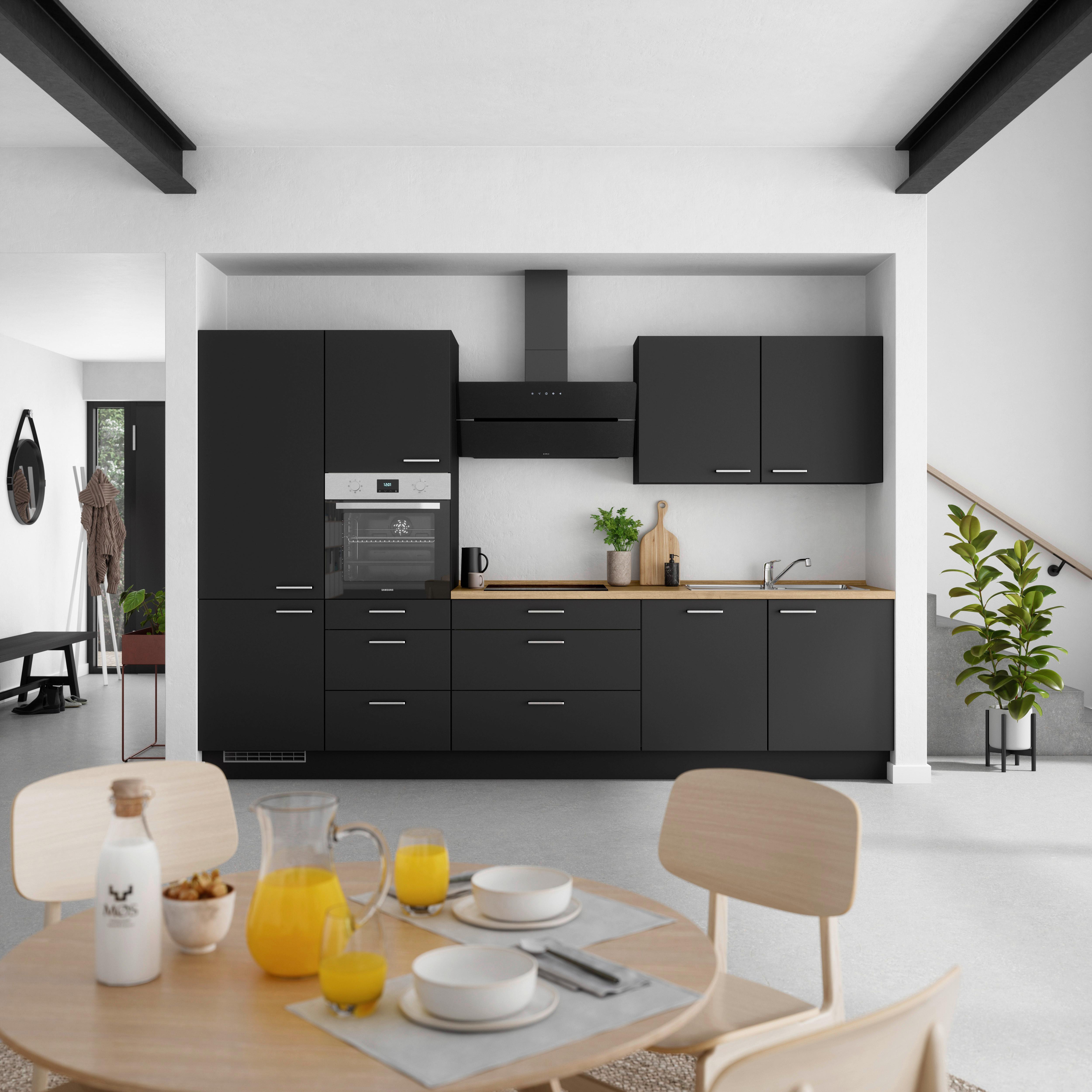 Kuchyňská linka 330 cm, černá matná/ barva dub - černá/barvy dubu, Moderní, kov/kompozitní dřevo (330cm) - Nobilia