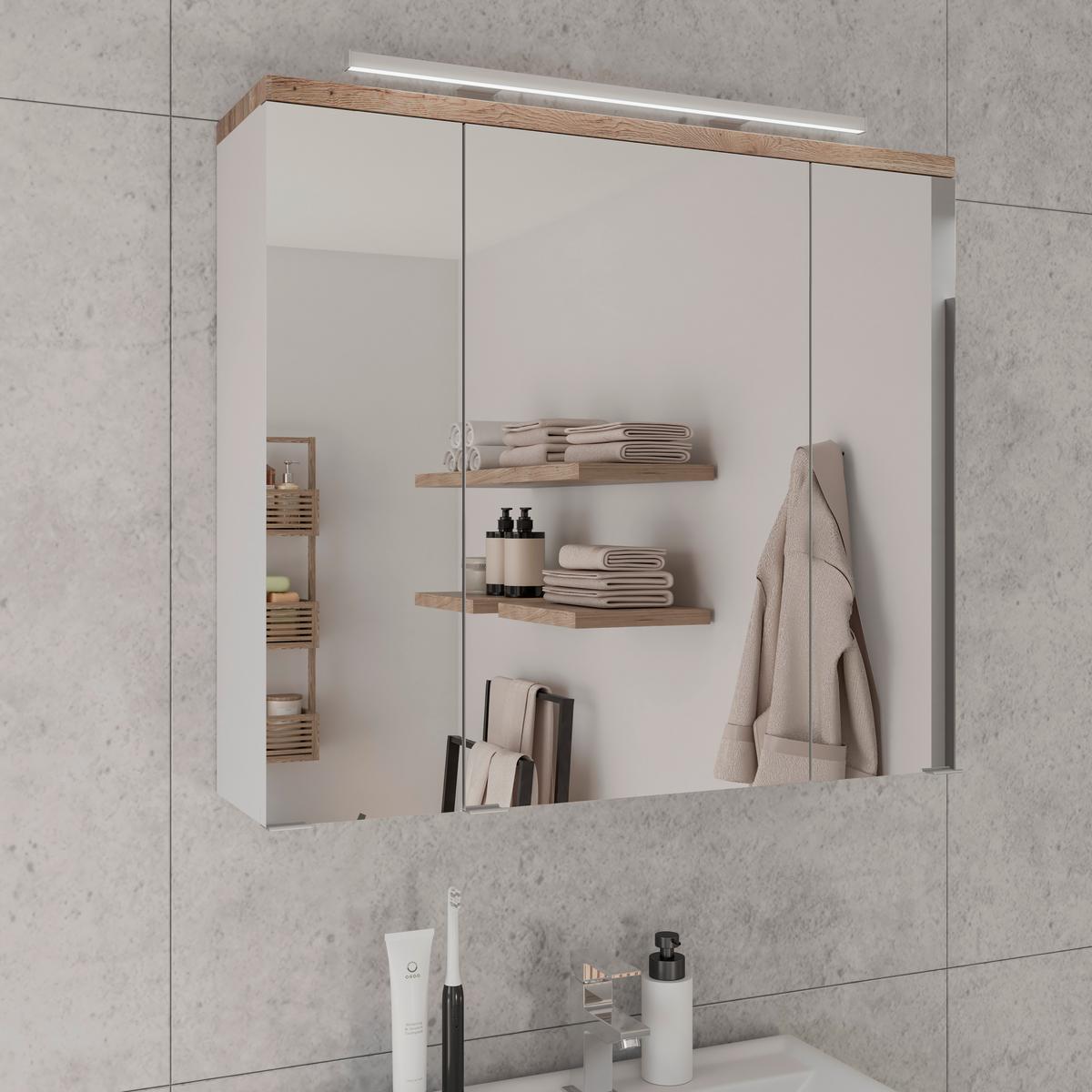 Spiegelschrank Marbella mit LED 3-türig BHT: 80x70x20 cm - Weiß, MODERN, Glas/Holzwerkstoff (80/70/20cm)
