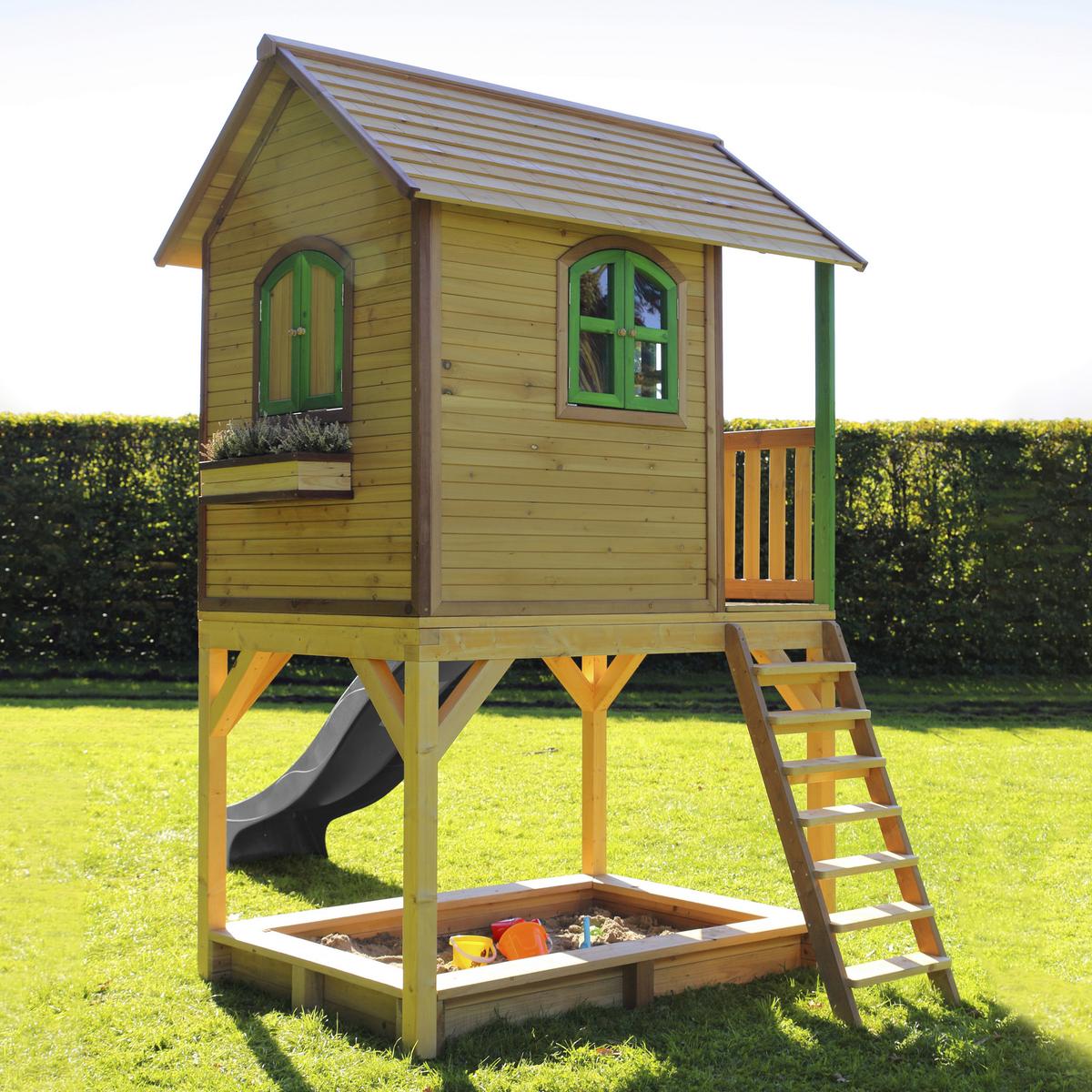 Spielhaus Sarah Braun/grau/grün B: 370 Cm - Braun/Grau, KONVENTIONELL, Holz/Kunststoff (370/291/191cm) - Ambia Garden