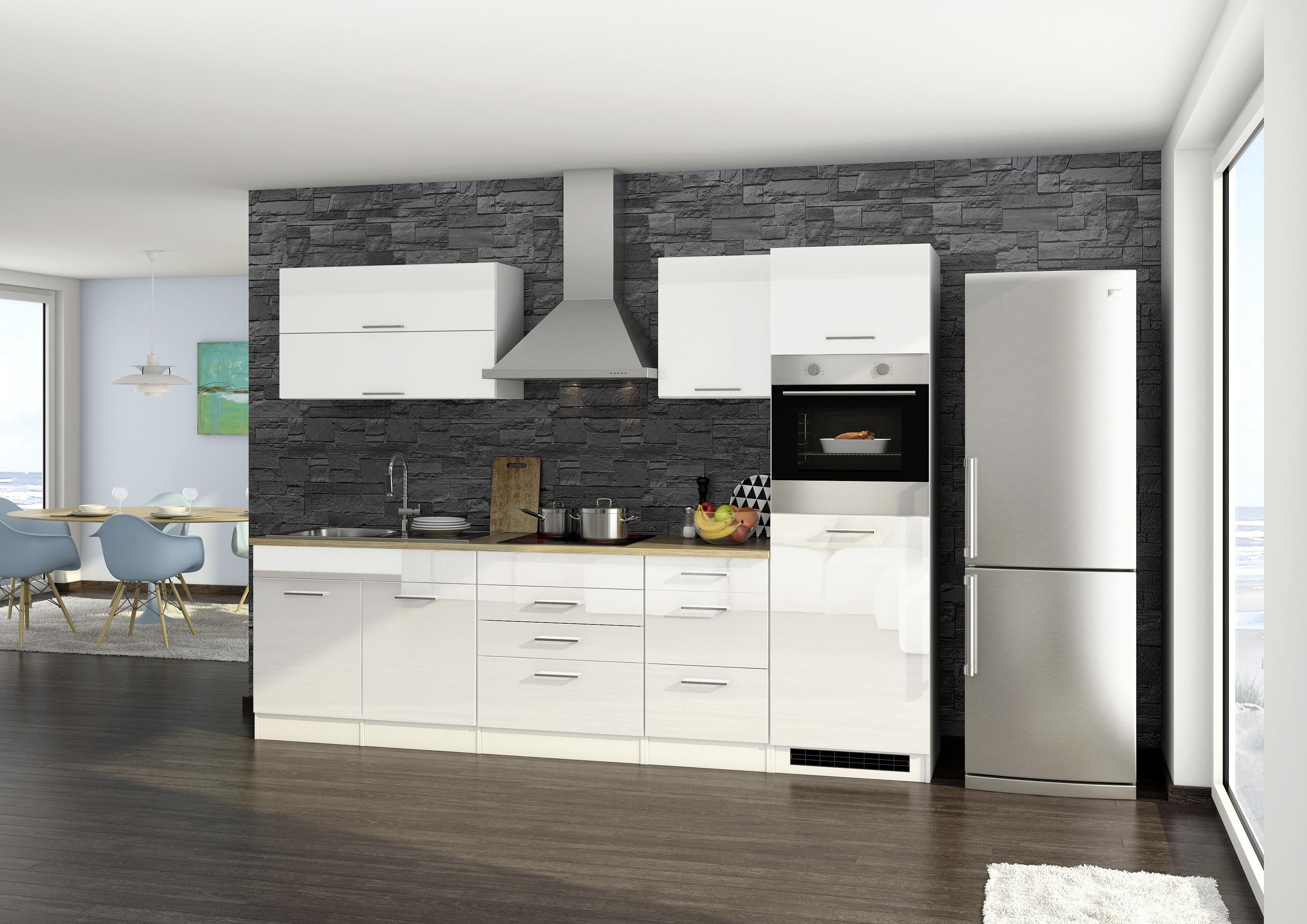 Küchenzeile Mailand mit Geräten 290 cm Weiß Dekor Hochglanz - Eichefarben/Weiß, MODERN, Holzwerkstoff (290cm) - MID.YOU