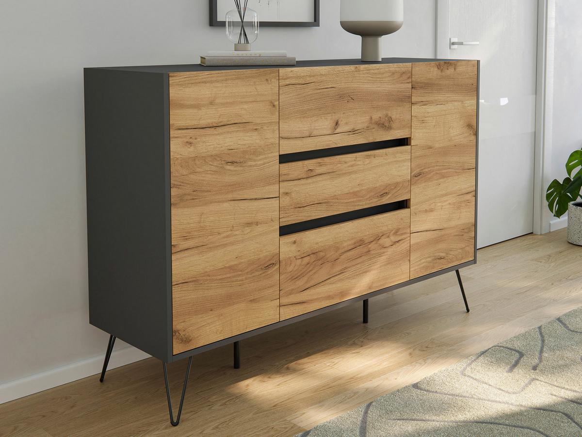 Sideboard Posseik Industrial Eichefarben/Graphitf. B:140 cm - Eichefarben/Schwarz, Design, Holzwerkstoff (140/93,6/42cm) - P & B