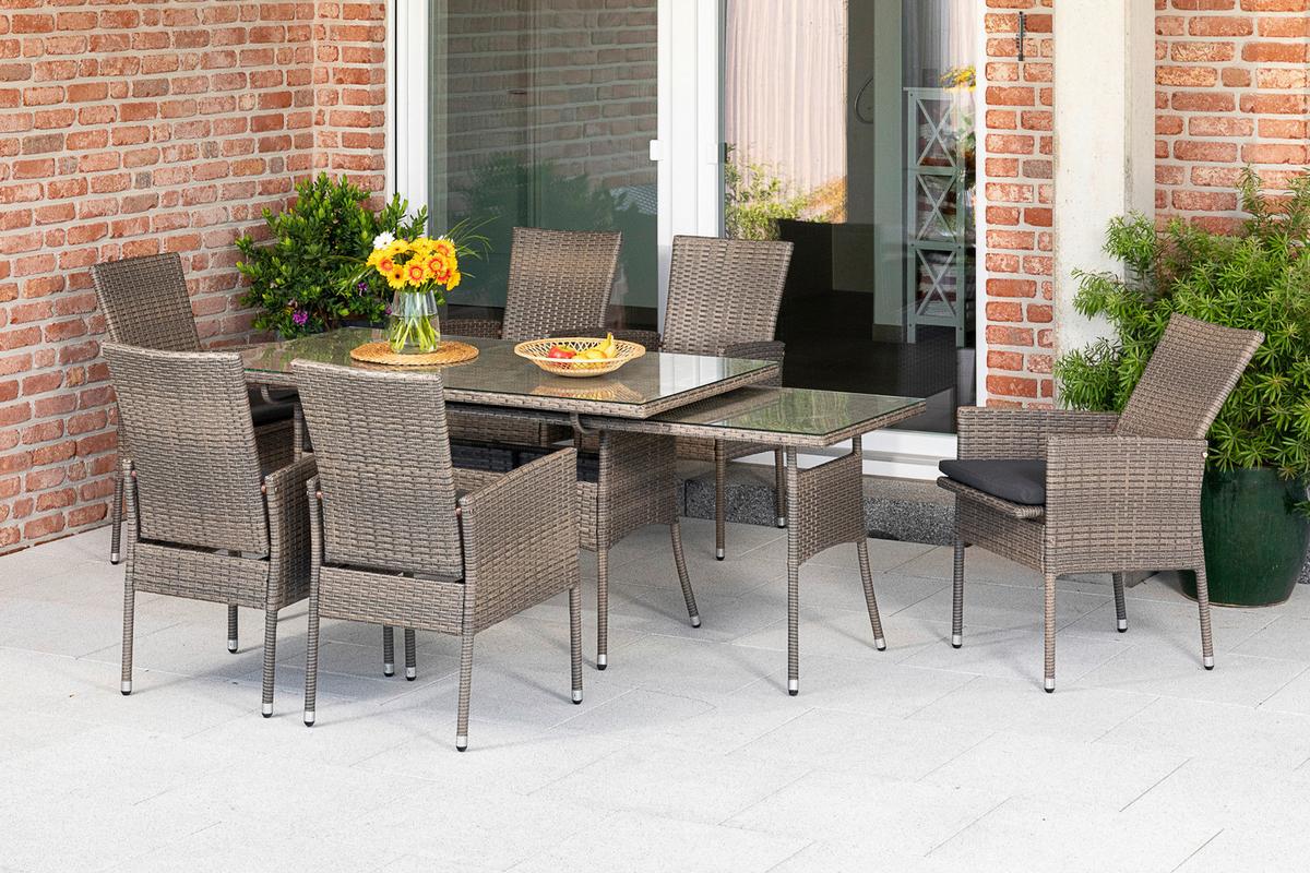 Gartengarnitur 13-Tlg Sevilla Kunststoff/Aluminium mit Kissen - Braun, MODERN, Glas/Kunststoff - Gardenson