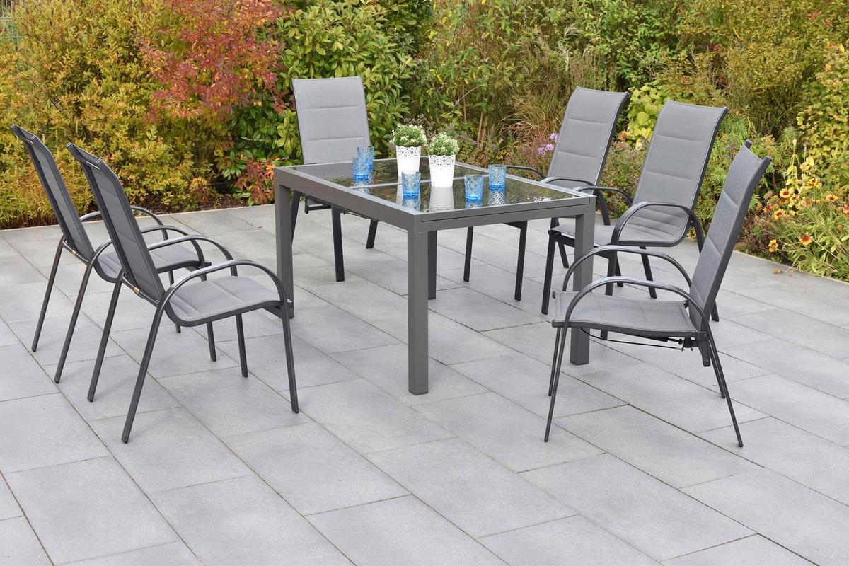 Gartentischgruppe Amalfi 7 -Teilig. Graphitfarben/Grau - Graphitfarben/Grau, KONVENTIONELL, Glas/Textil - Gardenson