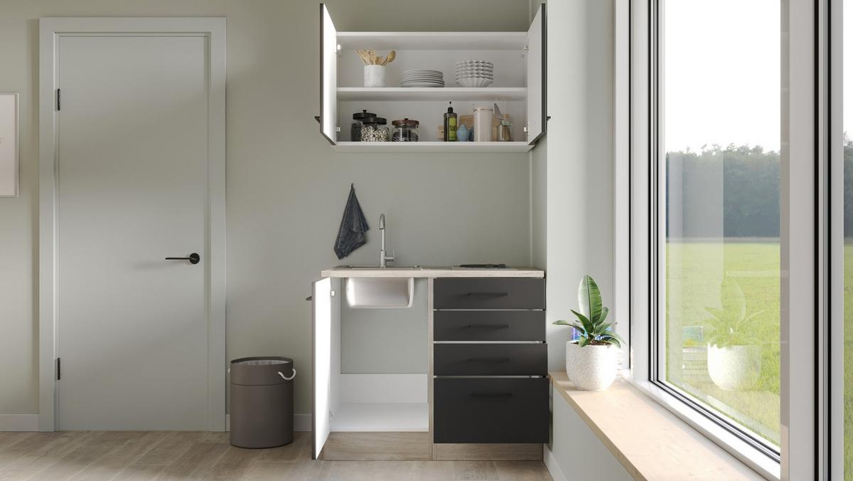 Minikuchyně CAPRI,šířka 300 cm včetně dřezu a varné desky - černá/barvy dubu, Moderní, kov/kompozitní dřevo (100cm) - FlexWell