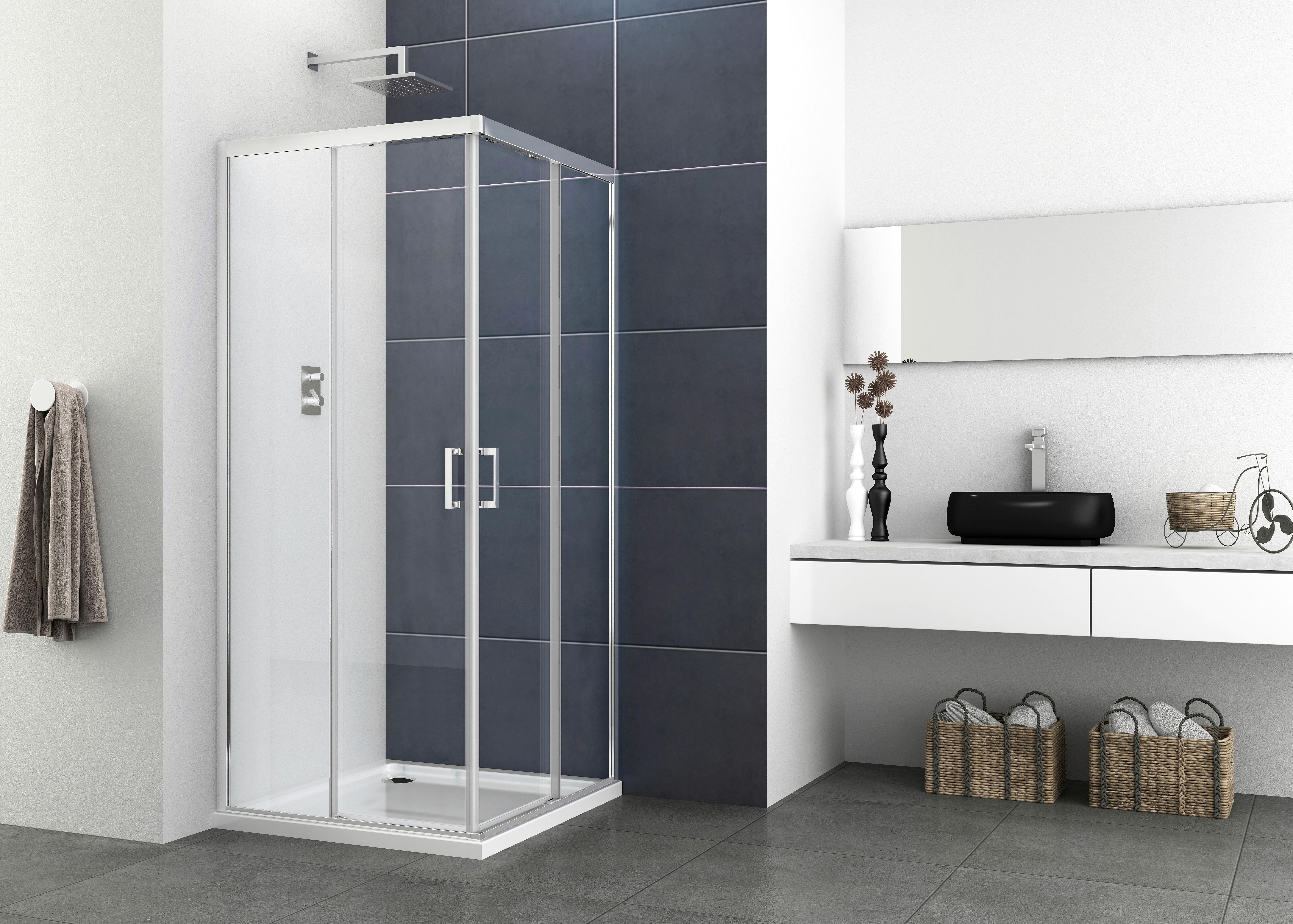 Duschkabine Elite + Soft Close Glas Gehärtet, Eckeinstieg - Chromfarben, Basics, Glas/Metall (90/195/90cm)
