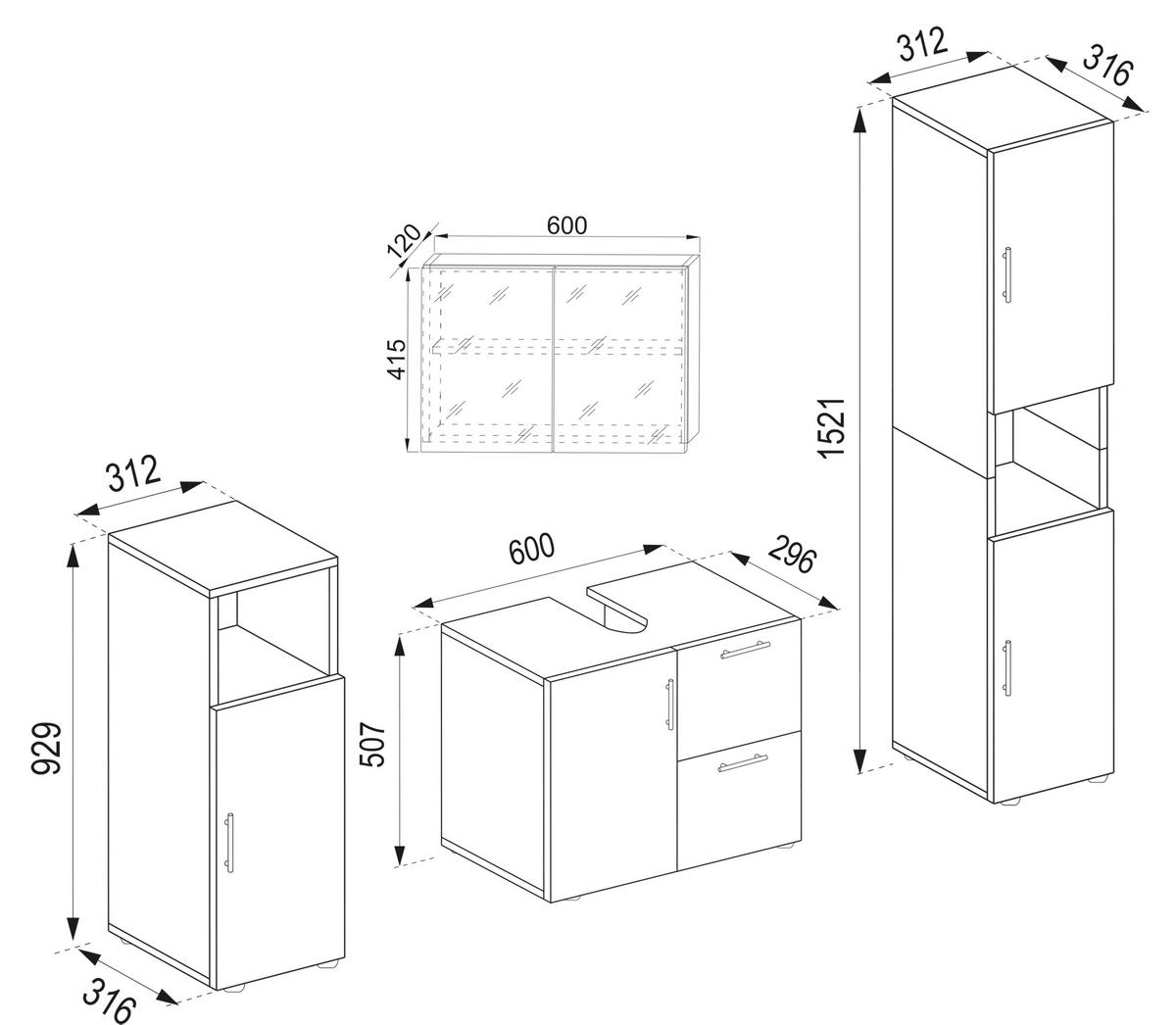 Badmöbel-Set 4-Tlg. Flandu B: 123 cm Weiß/Eiche Dekor - Honigeiche/Schwarz, MODERN, Holzwerkstoff/Kunststoff (123cm) - MID.YOU