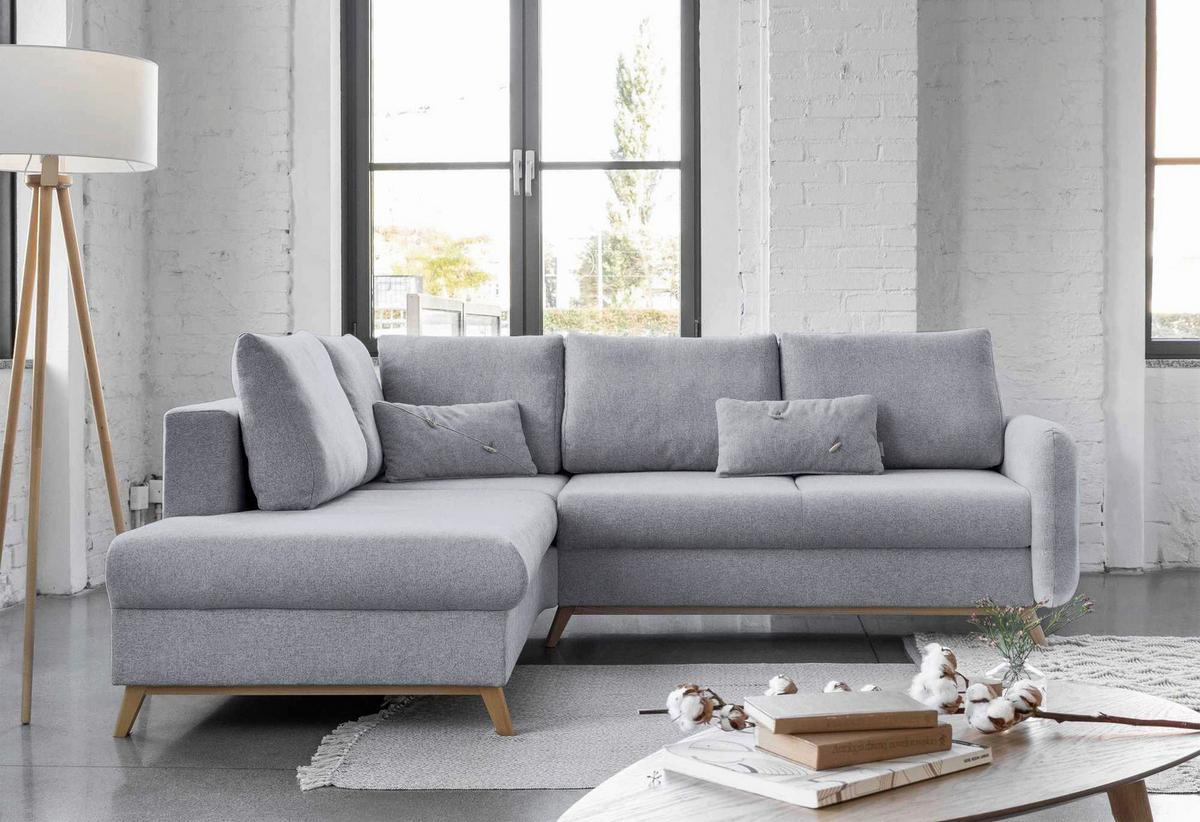 Sedačka LUCILE L, levá, sv.šedá, úl.prostor a lůžko - světle šedá/přírodní barvy, dřevo/textil (202/242cm) - MID.YOU