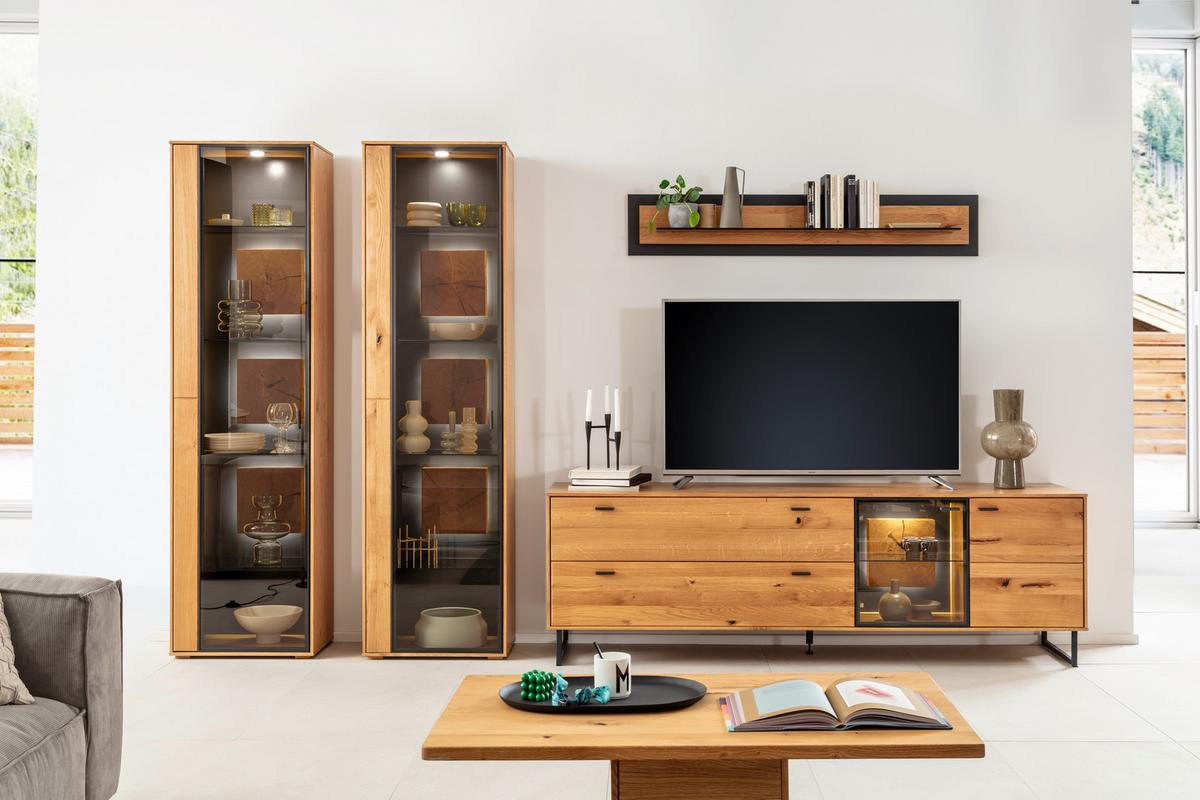 Wohnwand Assini 4-Teilig Wildeiche B: 359 cm - Wildeiche/Schwarz, Design, Glas/Holz (359/206/50cm) - MID.YOU
