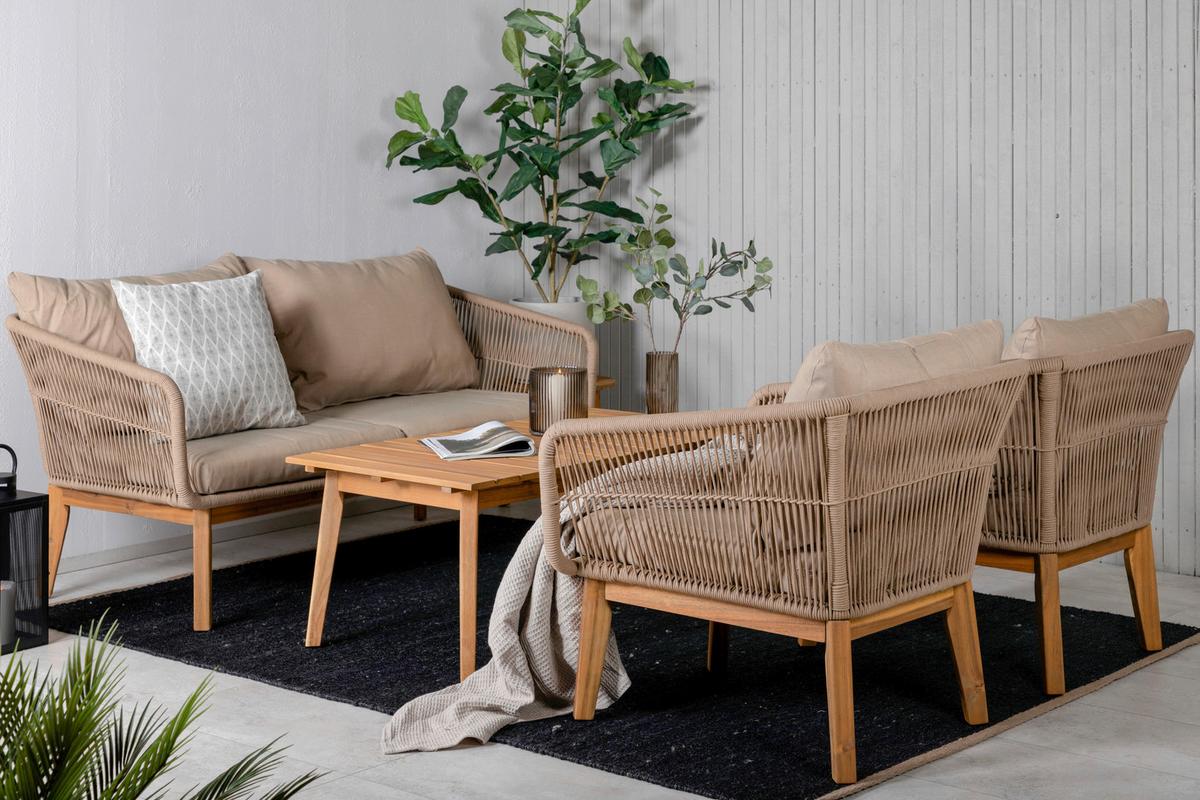 Loungegarnitur 4--Teilig Chania Holz/Metall/Textil mit Kissen - Beige/Akaziefarben, KONVENTIONELL, Holz/Textil - Gardenson