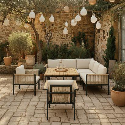 JÍDELNÍ TERASOVÁ SOUPRAVA CASSANDRA - barvy teak/světle hnědá, Moderní, kov/dřevo - Bessagi Garden