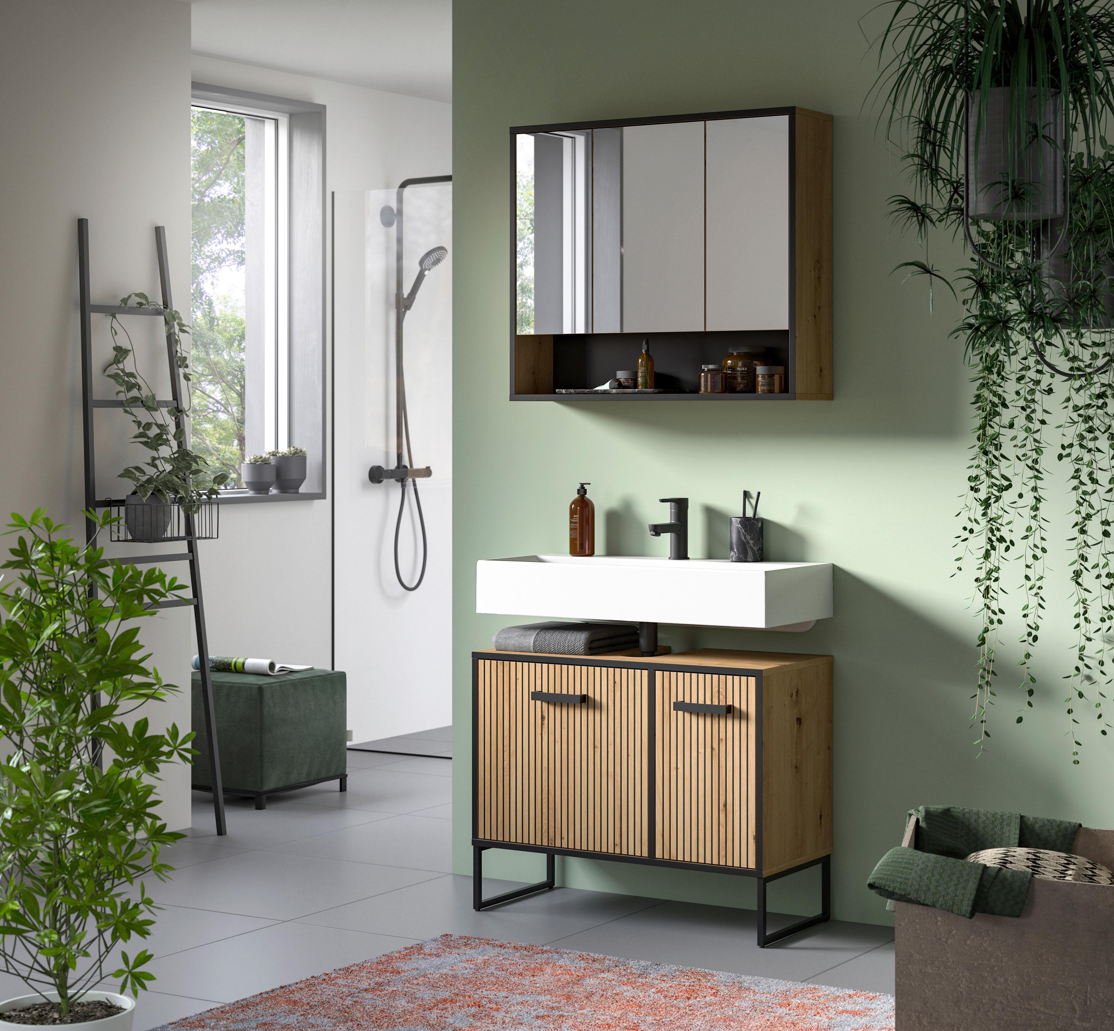 Badezimmer Bagno Schwarz /Eiche Artisan Dekor B: 80cm - Schwarz/Eiche Artisan, Trend, Holzwerkstoff (80cm) - MID.YOU
