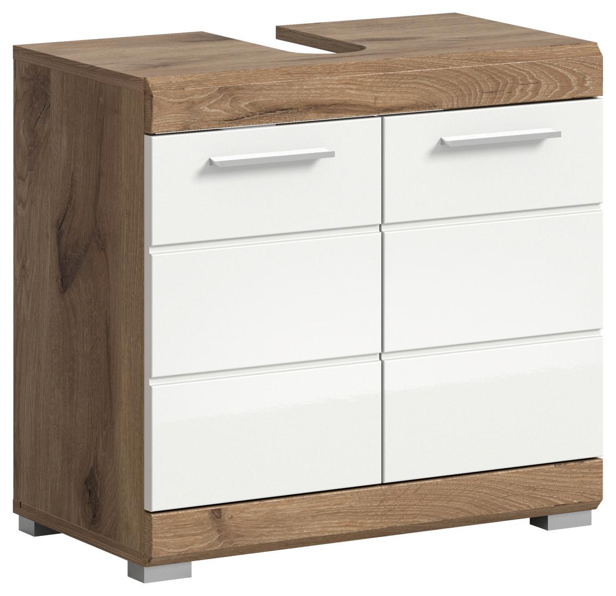 Waschbeckenunterschrank  Wave Eichefarben Dekor Weiß Hg - Weiß Hochglanz/Eichefarben, MODERN, Holzwerkstoff (60/56/34cm) - MID.YOU