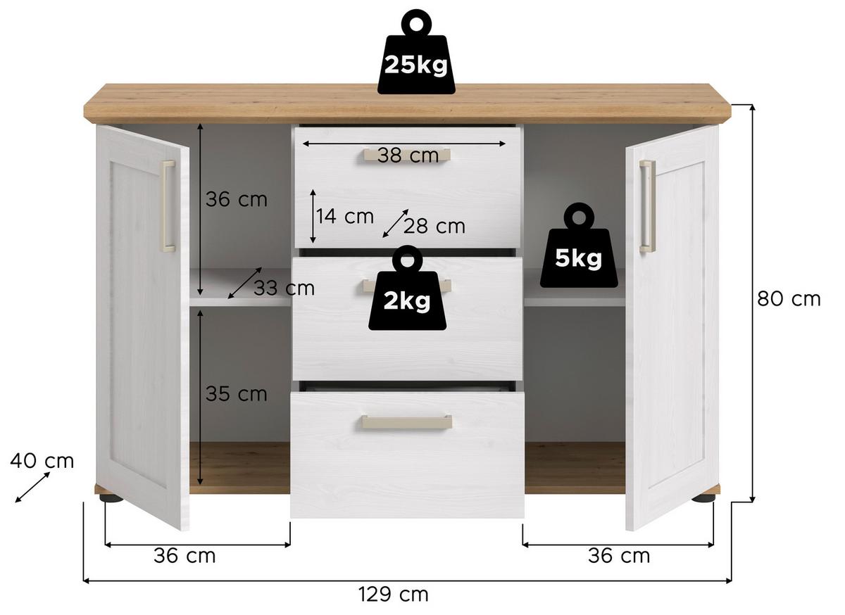 Sideboard Verona Lärchefarben /Eiche Dekor B: 129cm - Lärchefarben/Schwarz, Design, Holzwerkstoff (129/80/40cm) - Livetastic