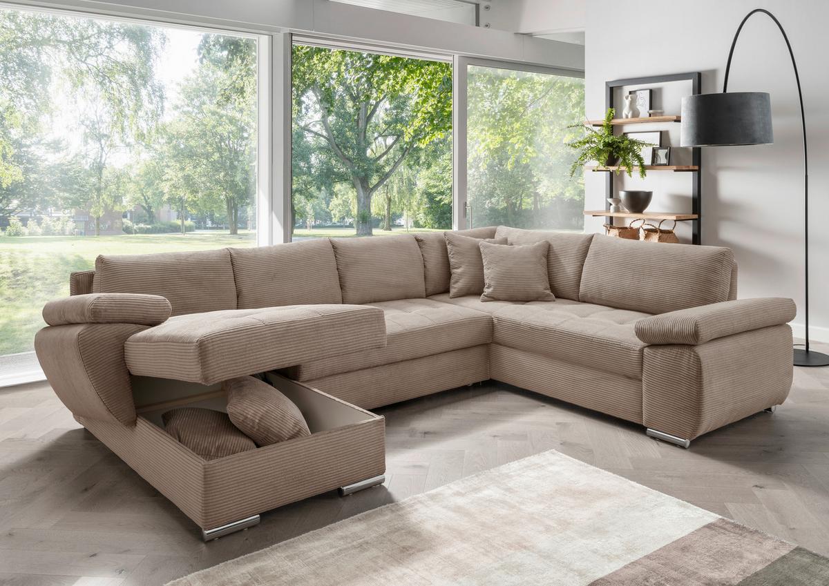 Wohnlandschaft Terana mit Schlaffunktion, Goldbraun - Chromfarben/Graubraun, KONVENTIONELL, Textil (157/305/219cm) - Livetastic