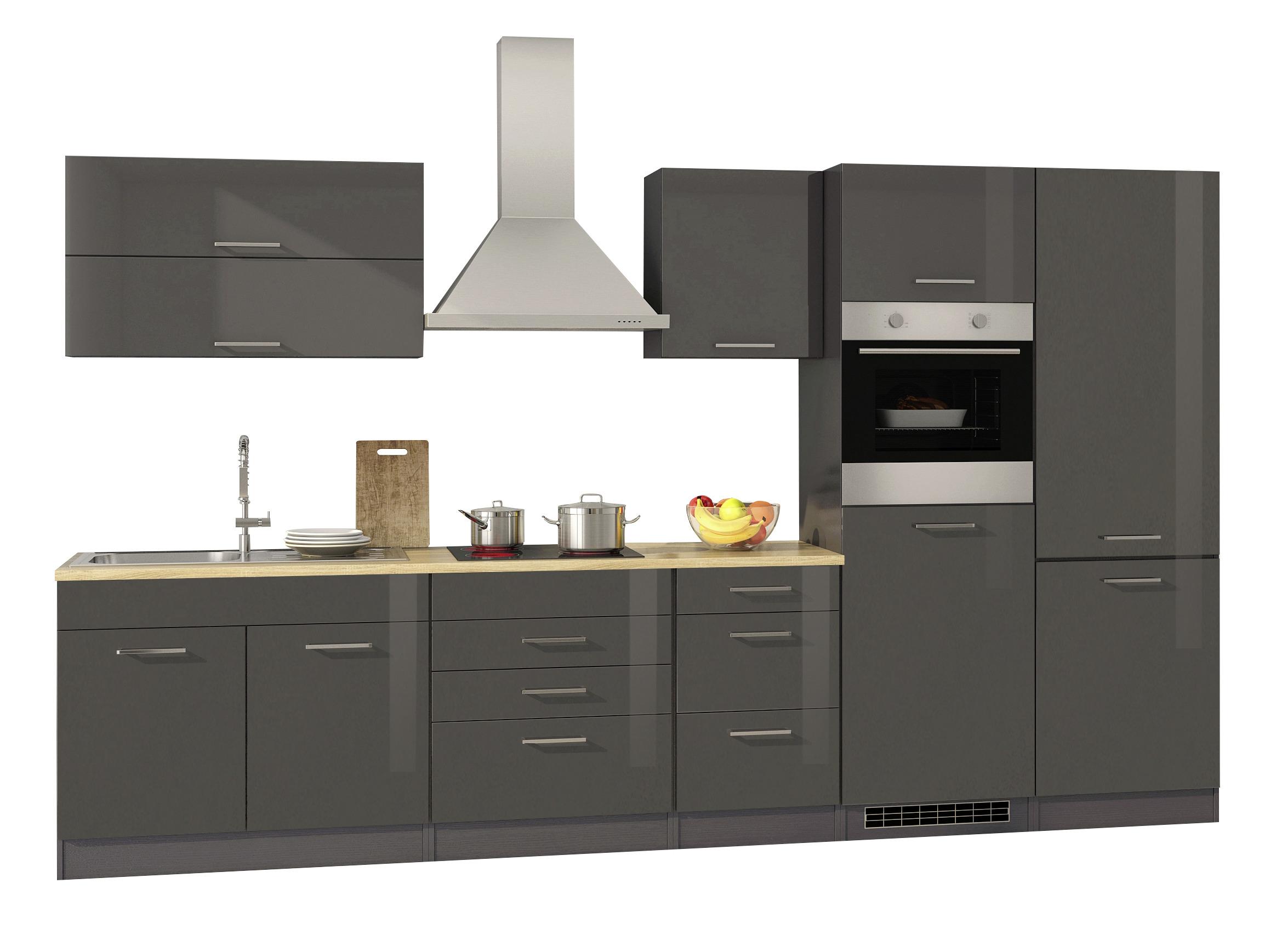Küchenzeile Mailand mit Geräten 350 cm Anthrazit Hochglanz - Eichefarben/Anthrazit, MODERN, Holzwerkstoff (350cm) - Held