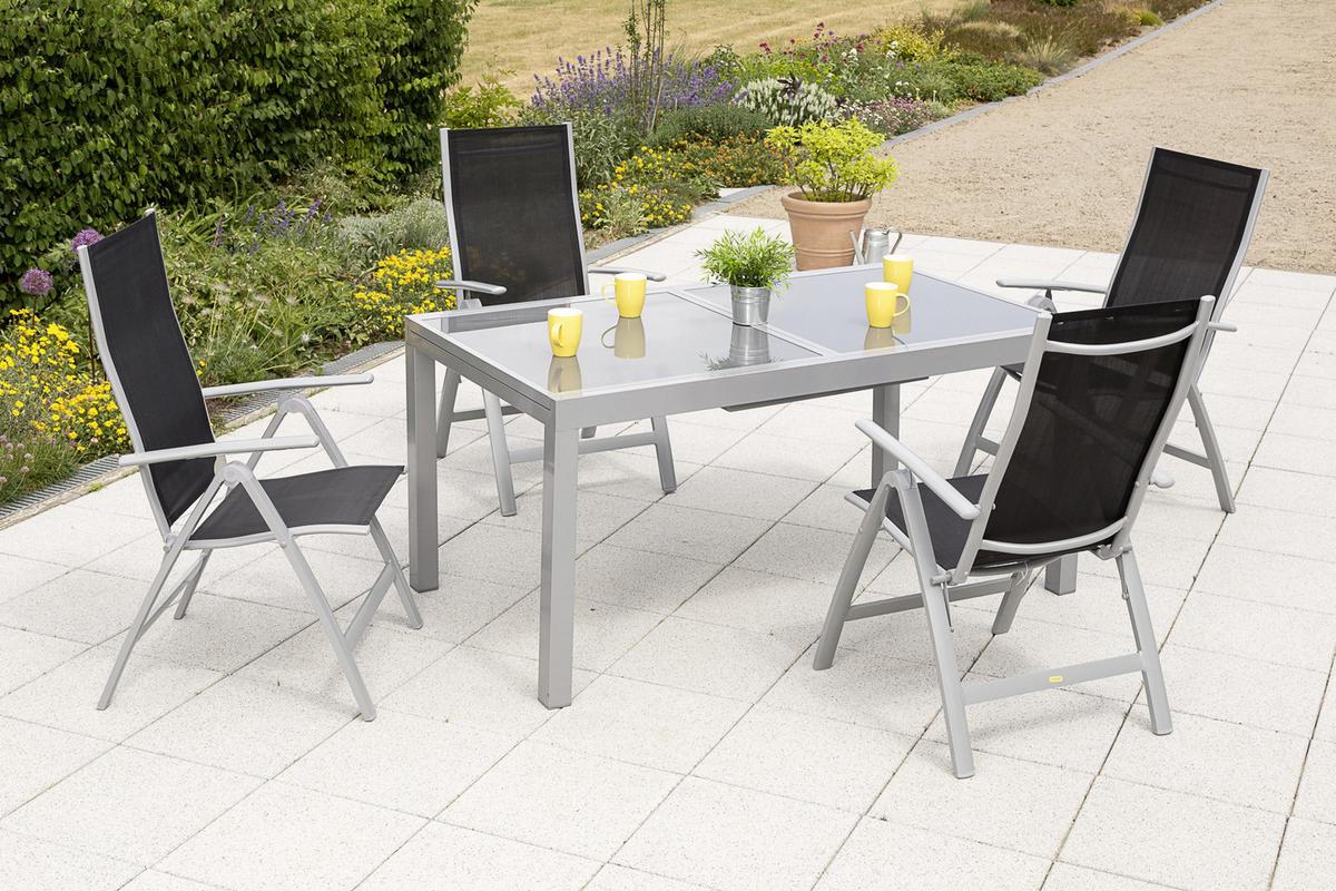 Gartengarnitur 5-Tlg. Carrara Metall/Textil/Glas - Silberfarben/Schwarz, KONVENTIONELL, Glas/Textil - Gardenson