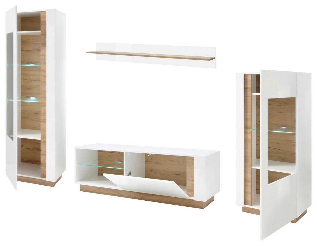 Wohnwand Clair Weiß/Eichefarben B: 290cm - Eichefarben/Weiß, Design, Glas/Holzwerkstoff (290/194/40cm) - MID.YOU
