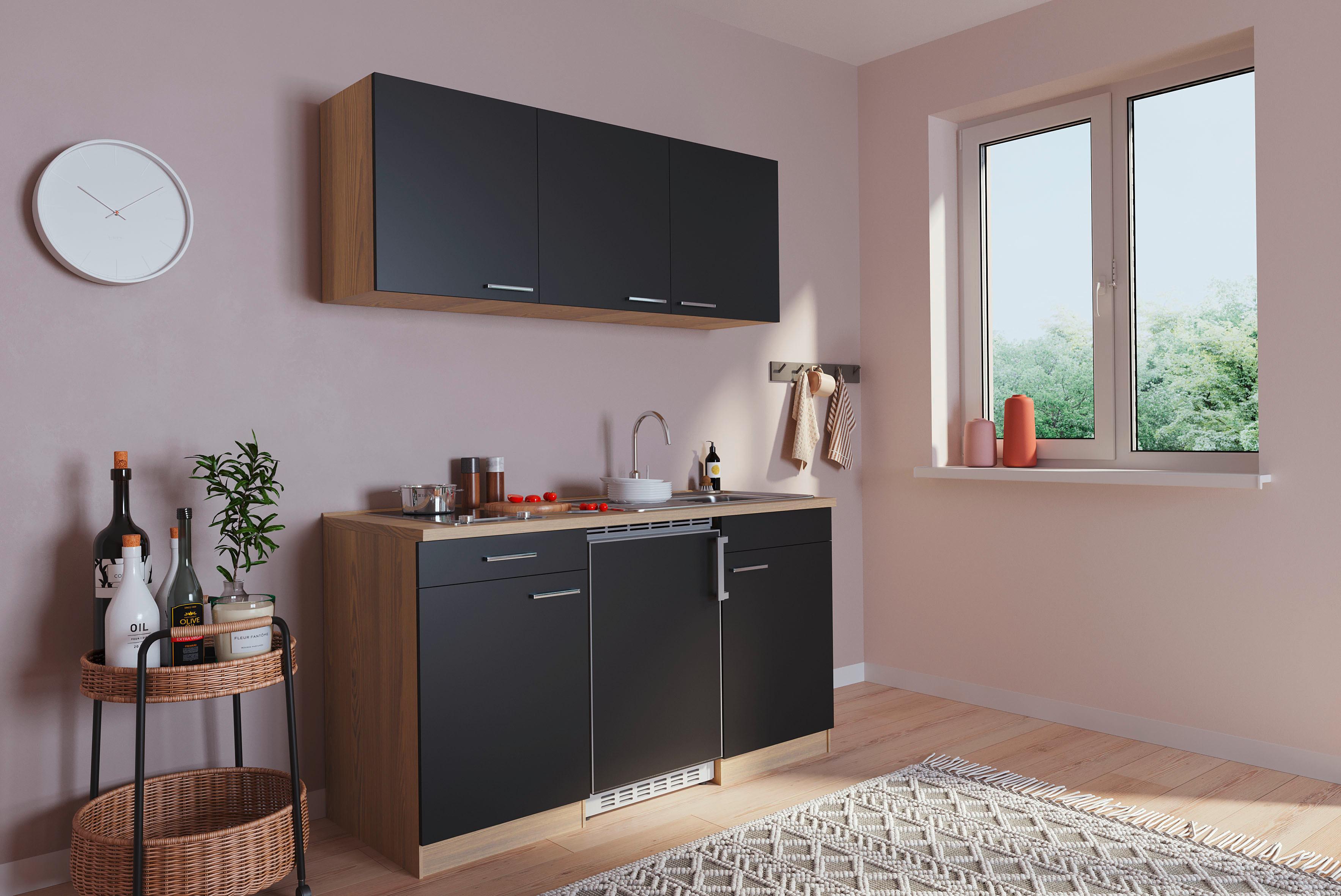 Miniküche mit Kühlschrank + Kochfeld 150 cm Schwarz/Eiche - Eichefarben/Schwarz, Basics, Holzwerkstoff (150cm) - Respekta