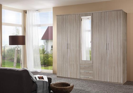 Fünftüriger Drehtürenschrank in Eiche Dekor mit drei Schubladen und Spiegel Fünftüriger Drehtürenschrank