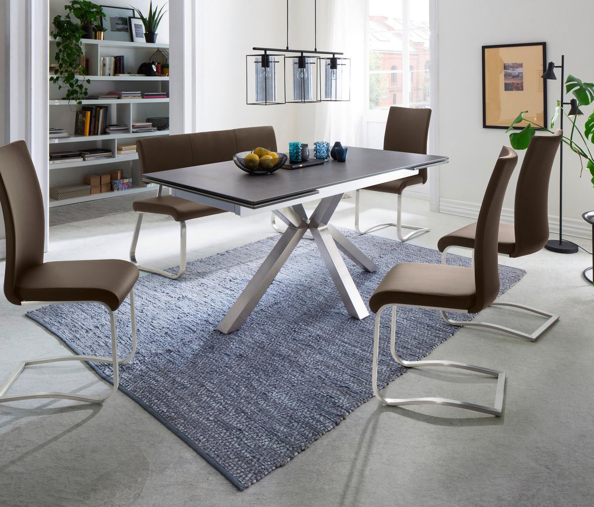 Sitzbank mit Lehne Braun Echtleder Arco 155x86x59 cm - Edelstahlfarben/Braun, Design, Leder/Metall (155/86/59cm) - Livetastic