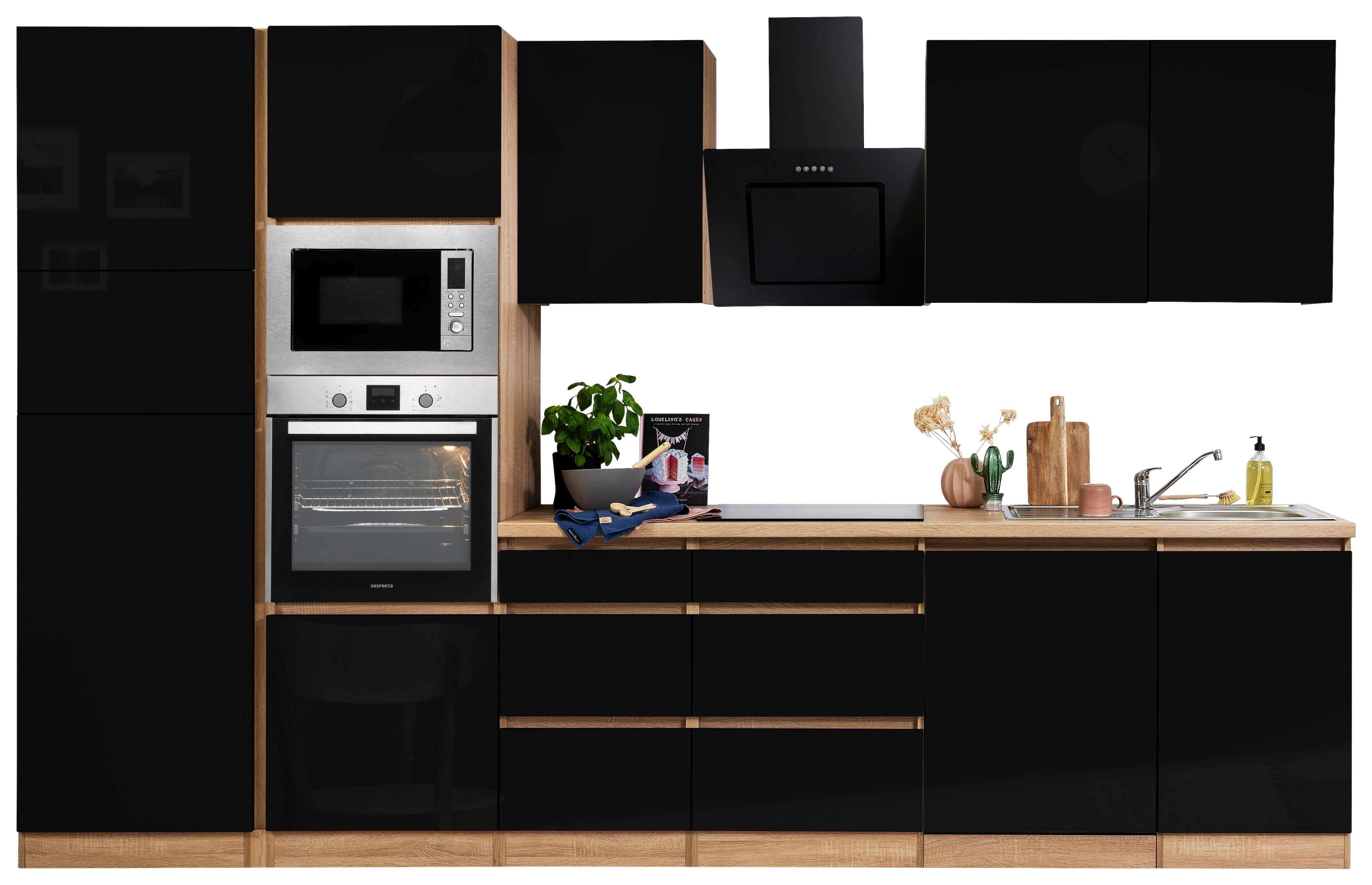 Küchenblock Lorena Küchenblock 345 cm - Schwarz Hochglanz/Eichefarben, Basics, Holzwerkstoff (345cm) - Respekta
