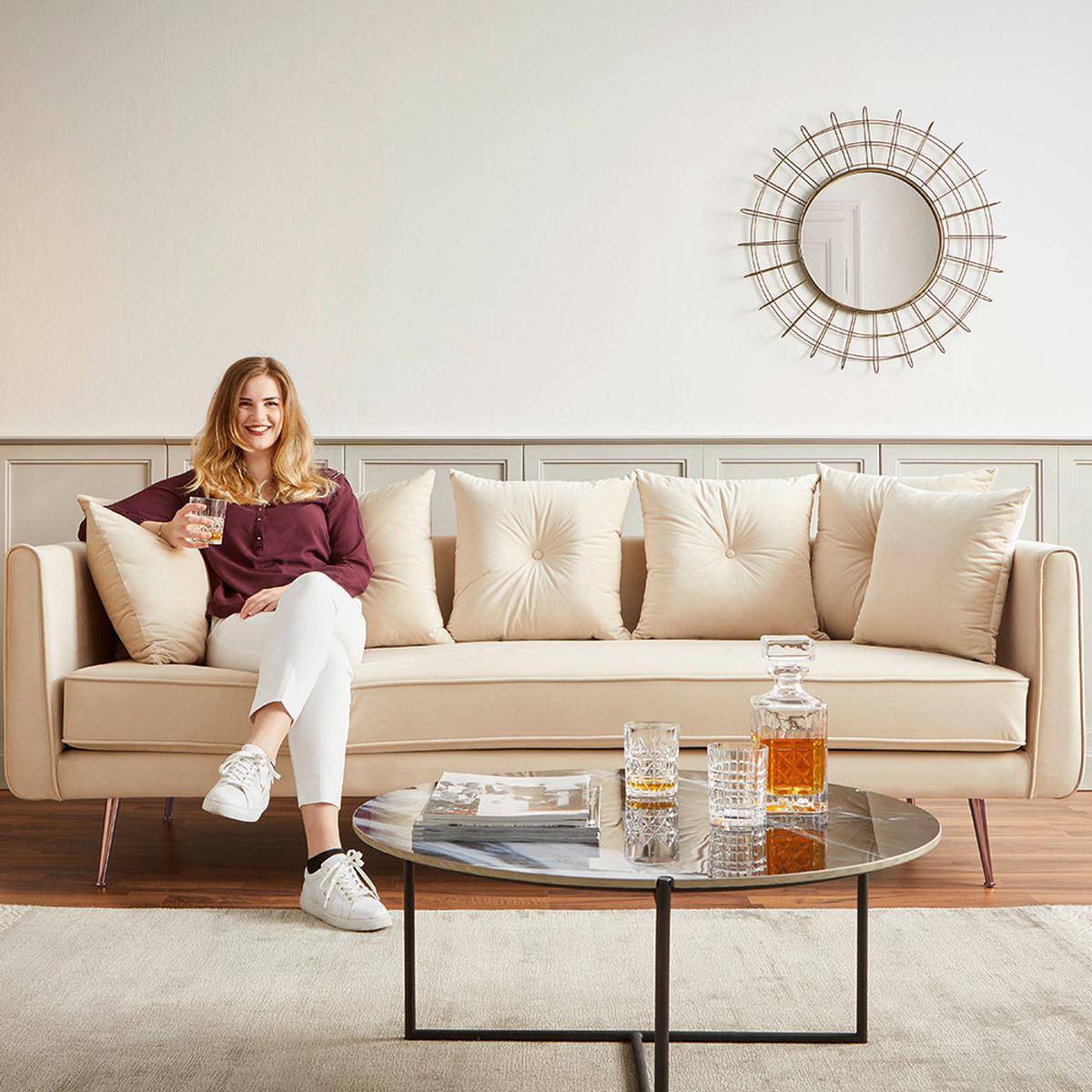 Pohovka Big Sofa LUIS, béžový samet - barva růžového zlata/béžová, Moderní, kov/dřevo (225/87/87cm) - Bessagi Home