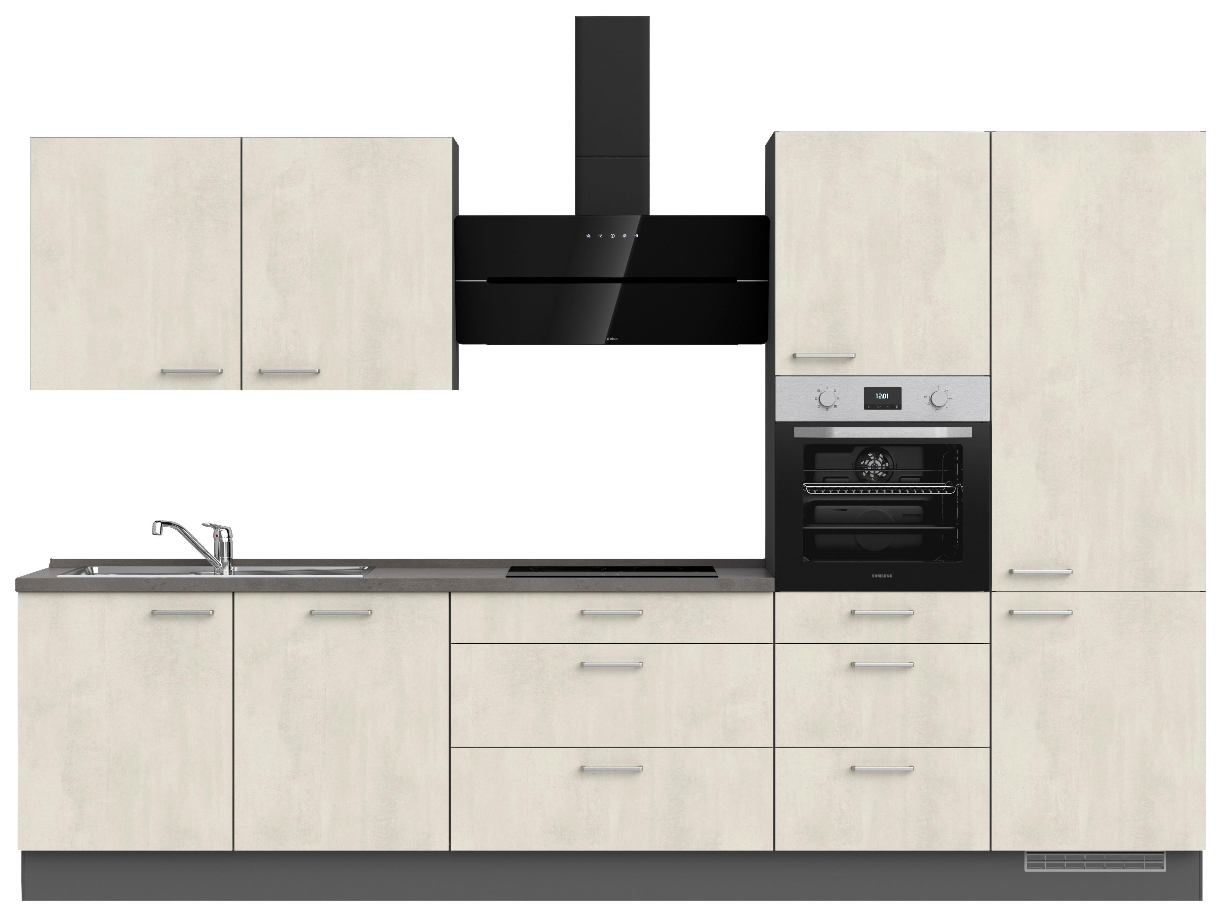 Kuchynská linka 330CM biely betón/ bridlicová šedá - biela/farba ušľachtilej ocele, Modern, kov/kompozitné drevo (330cm) - Nobilia