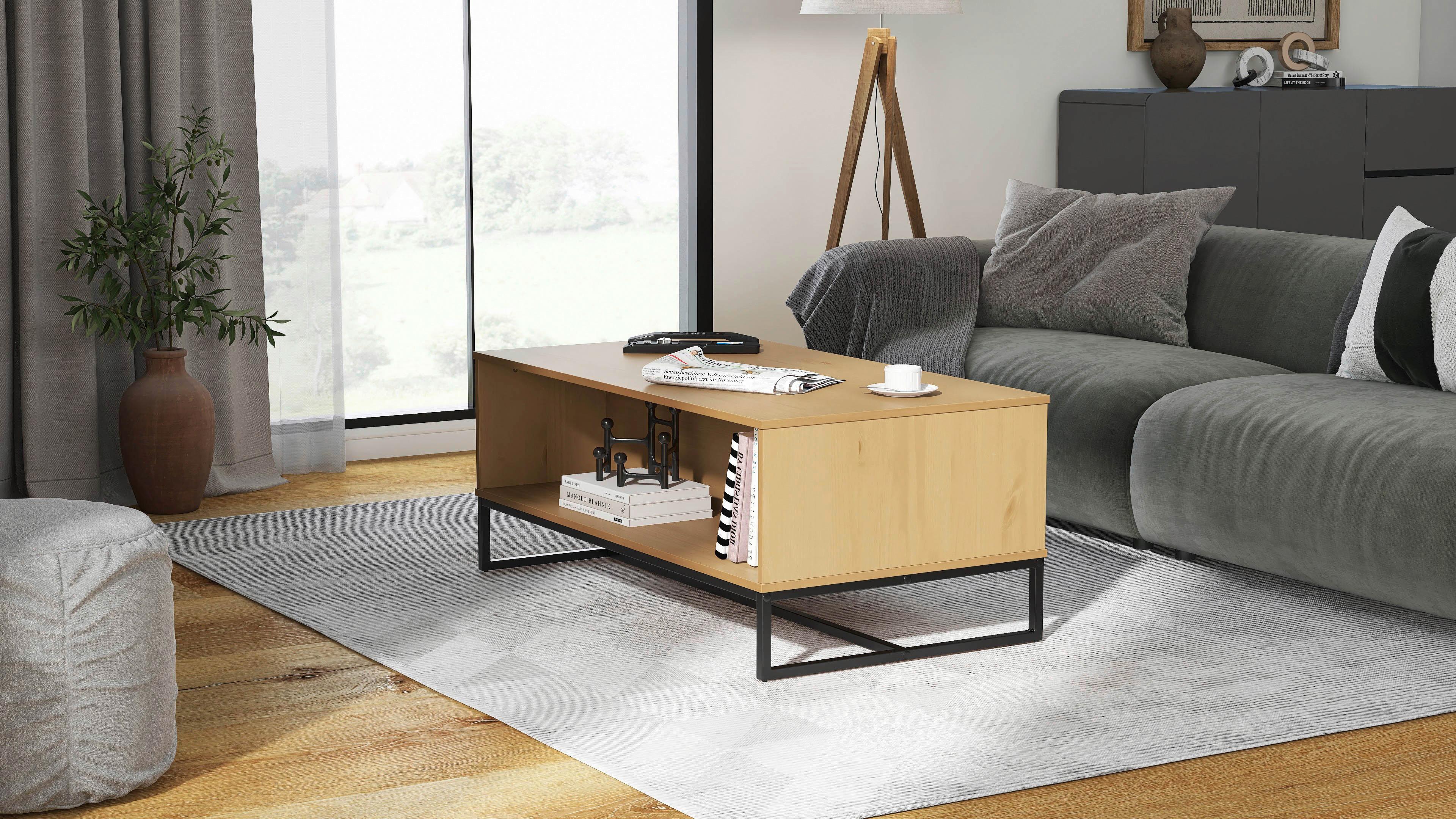 Couchtisch Vivo - Eichefarben/Schwarz, Design, Holz/Metall (110/60/45cm) - Livetastic