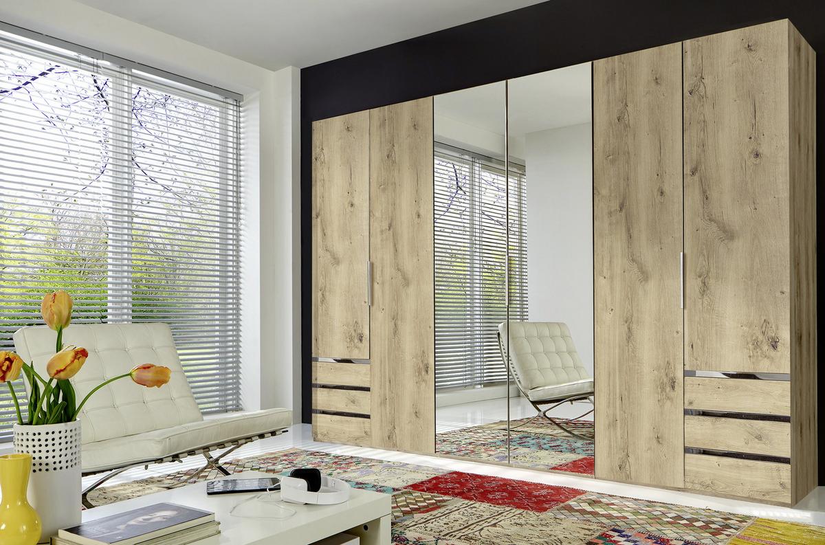 Drehtürenschrank Mit Spiegel 300cm Level 36a, Eichendekor - Eichefarben, MODERN, Glas/Holzwerkstoff (300/216/58cm) - MID.YOU