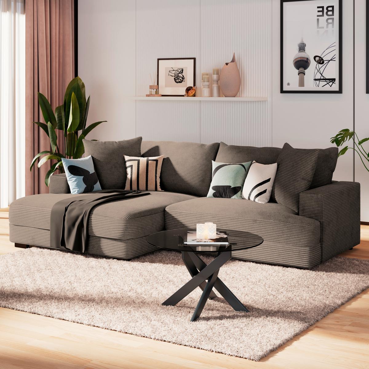 Ecksofa Pelle m. Kissen hellbraun Cord 180x265cm - Hellbraun/Schwarz, MODERN, Textil (180/265cm)