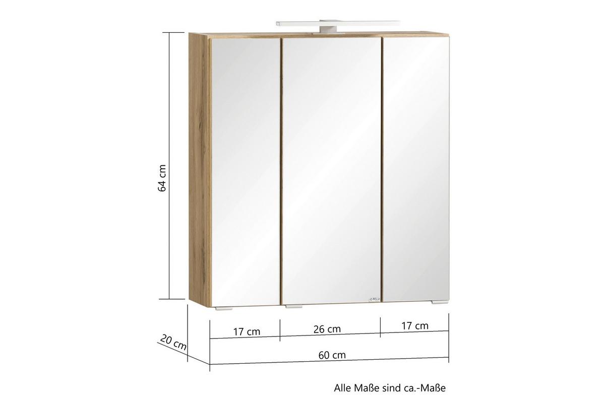Spiegelschrank Varese Mit Led 3-Türig Bxhxt: 60x642x20 Cm - Eiche Wotan, MODERN, Glas/Holzwerkstoff (60/64/20cm) - Held