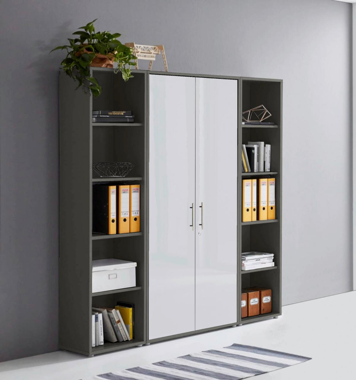 AKTENSCHRANK OFFICE EDITION - SW SET 3 - Weiß Hochglanz/Anthrazit, MODERN, Holzwerkstoff (172,6/185,6/33cm) - MID.YOU