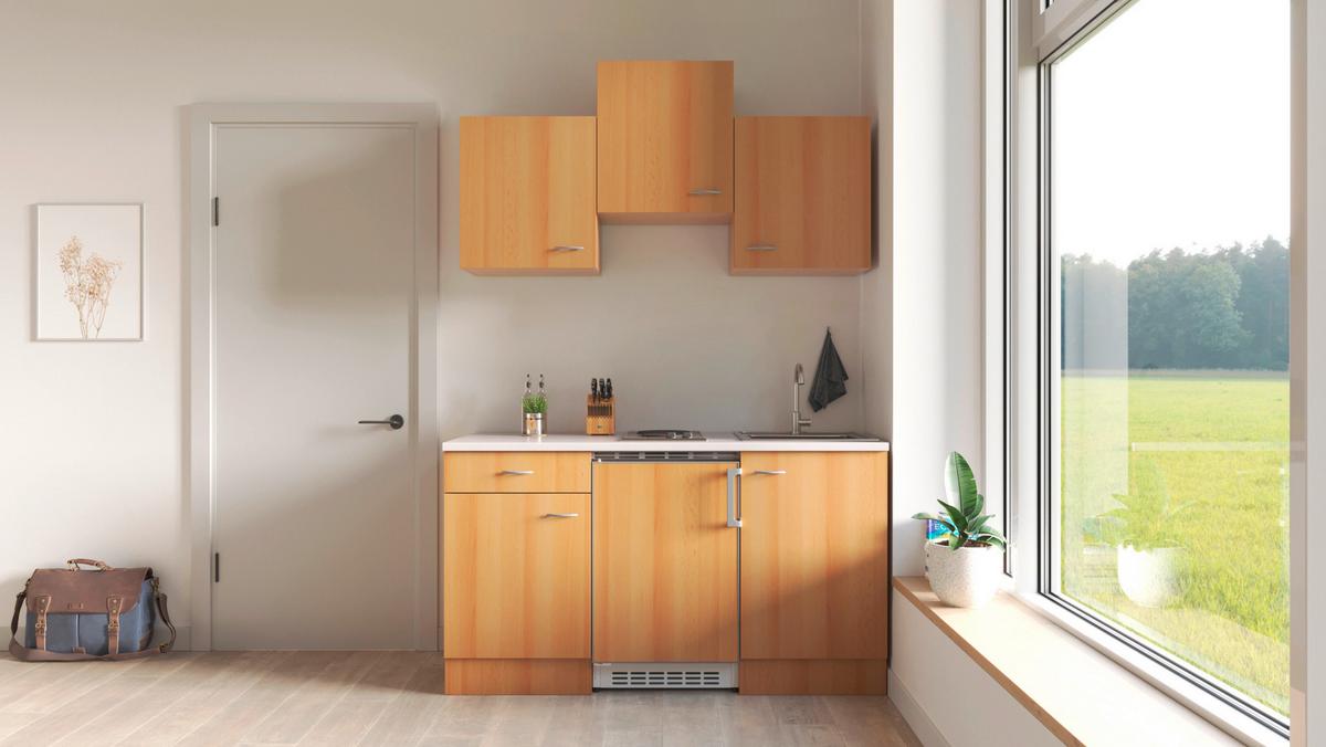 Miniküche mit Kühlschrank + Kochfeld 150 cm Creme/Buche - Beige/Buchefarben, MODERN, Holzwerkstoff (150cm) - FlexWell