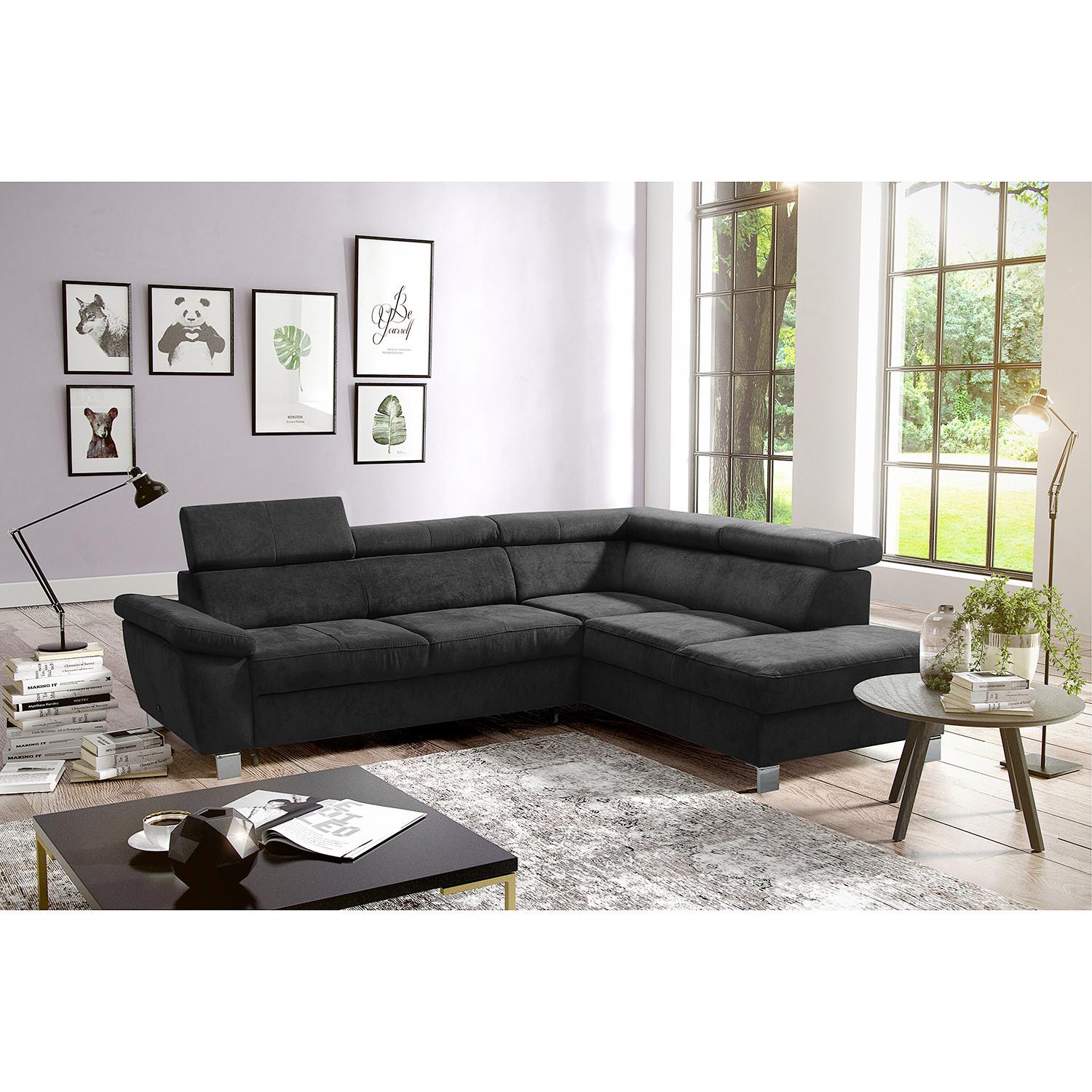 Ecksofa Lugano Mikrofaser Schwarz 248x208 - Chromfarben/Schwarz, Design, Textil (248/208cm) - Livetastic